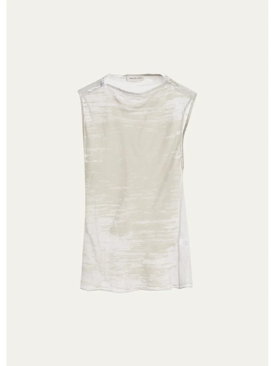 Boat-Neck Glitch Velvet Burnout Sleeveless Top - 1