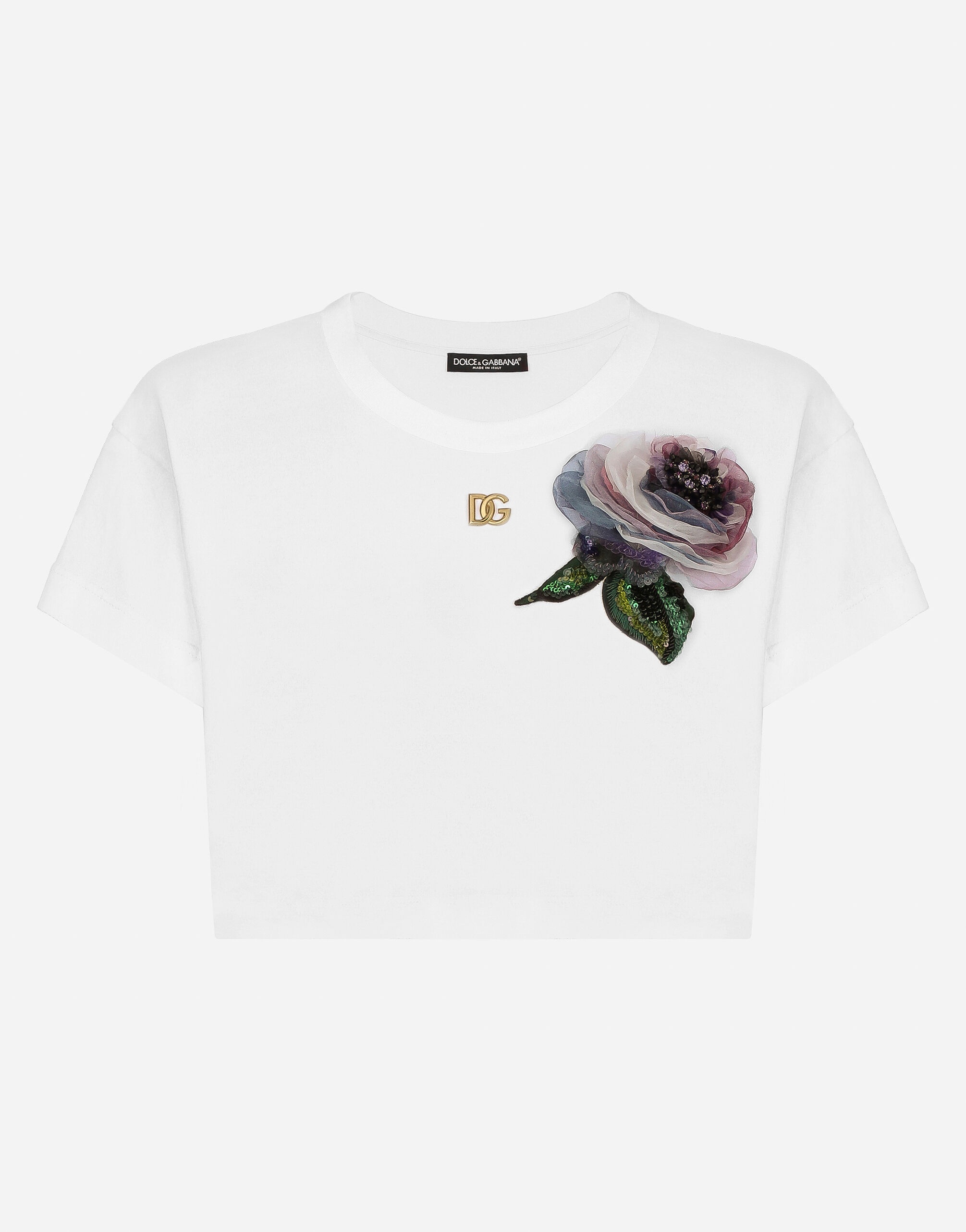 Cropped jersey T-shirt with flower appliqué - 1