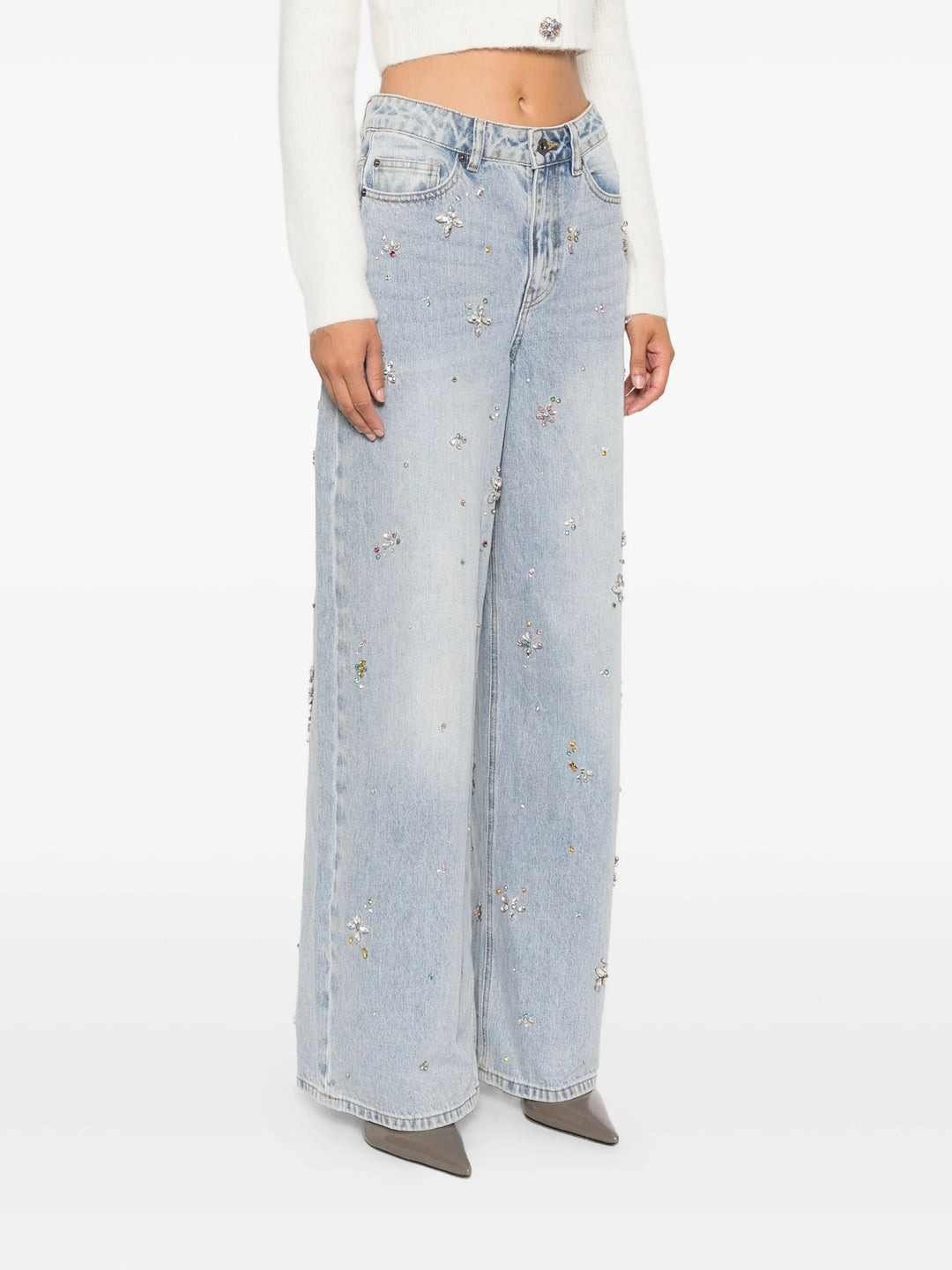 Light Blue Embellished Wide Leg Jeans - 3