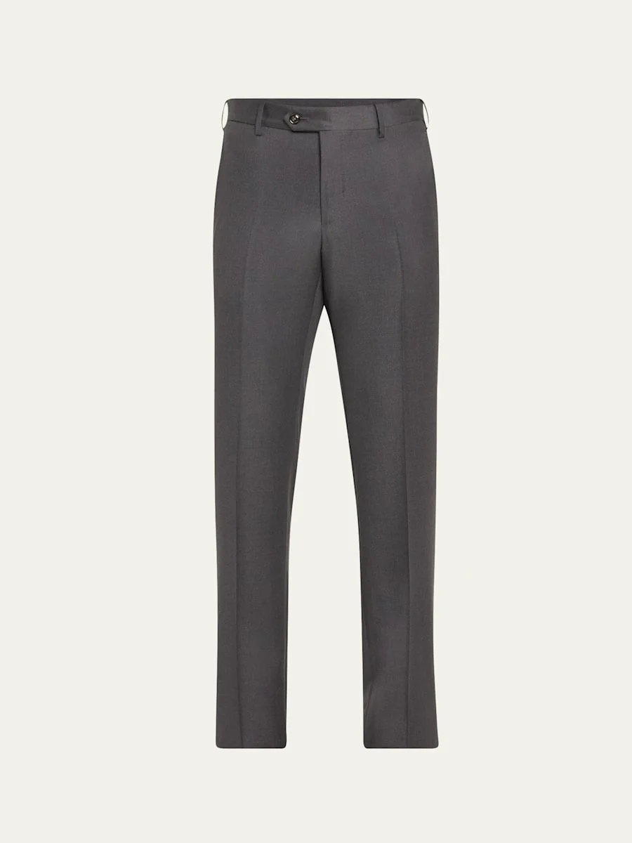 Men's Solid Wool Flat-Front Trousers - 1