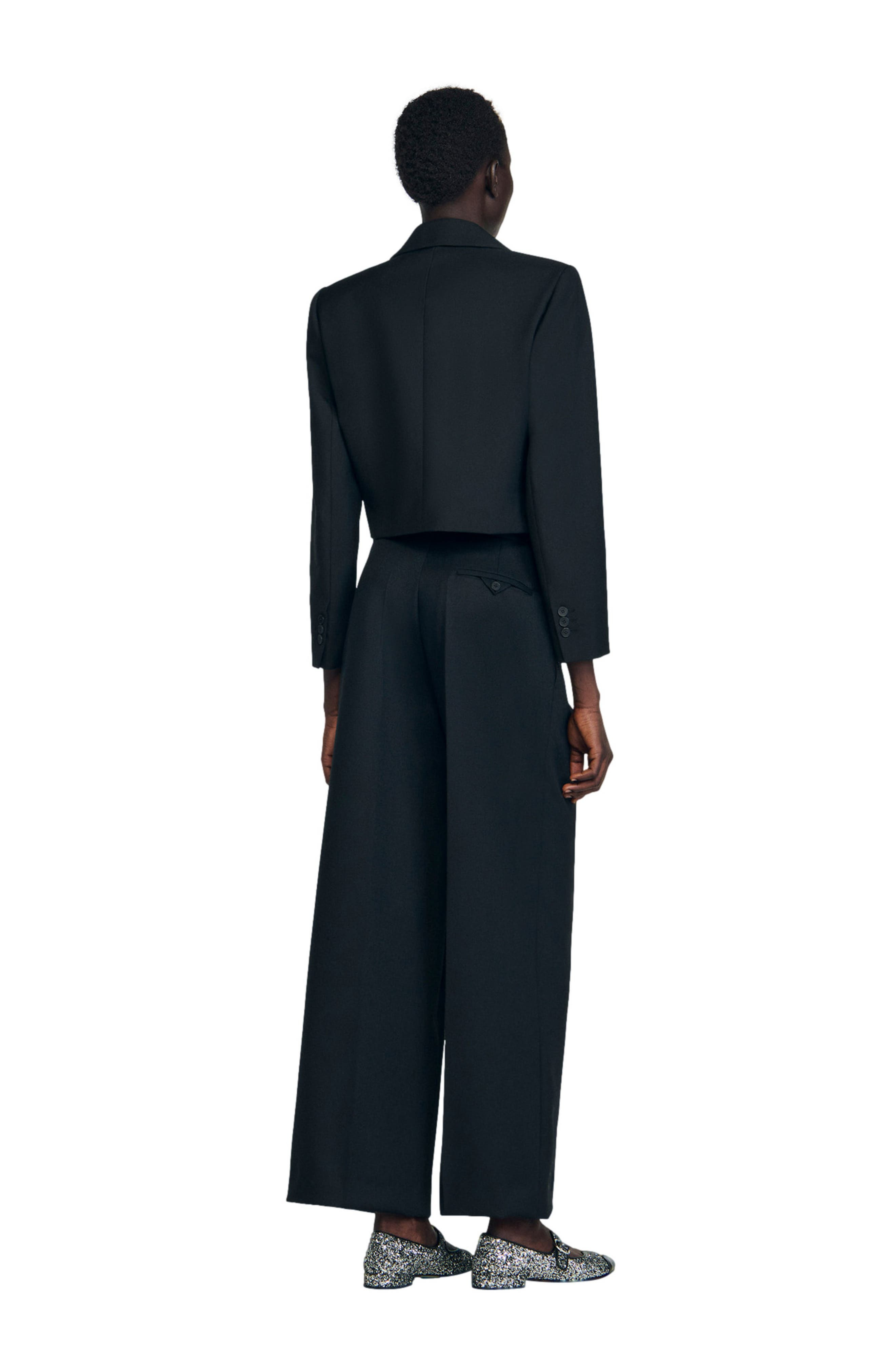 SANDRO Wide-leg elastic waist trousers in Black at Nordstrom - 3