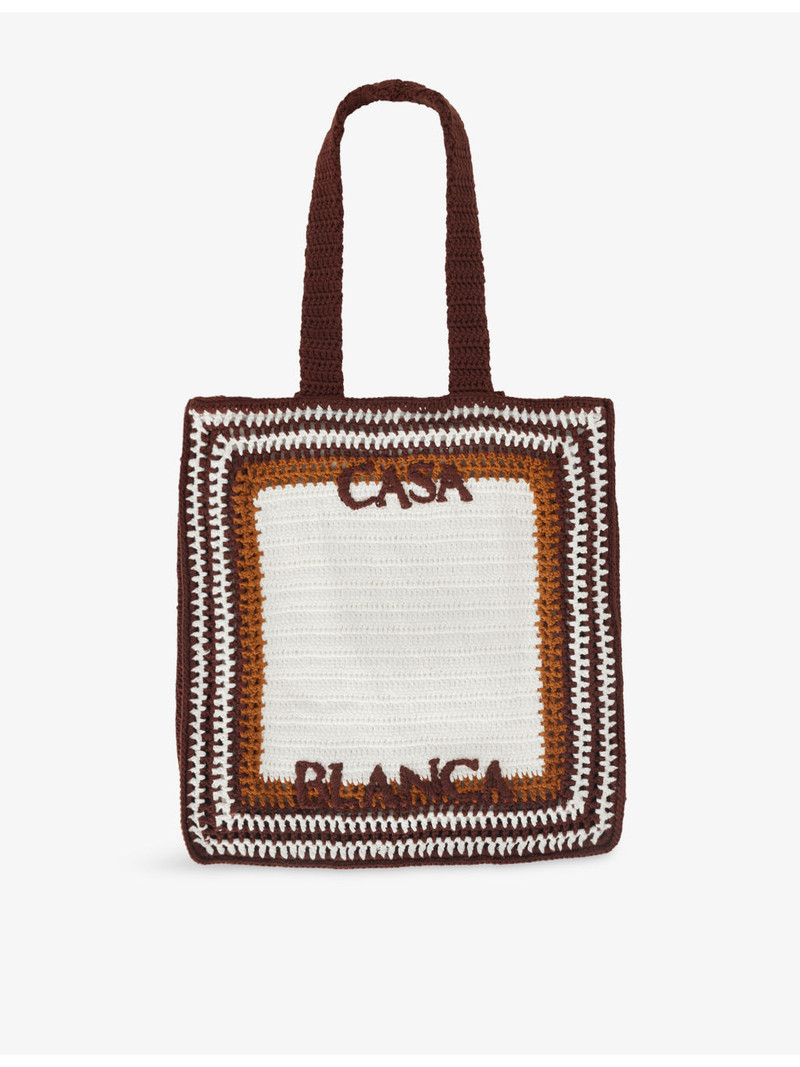 Embroidered-Logo Striped Cotton-Crochet Tote Bag 5