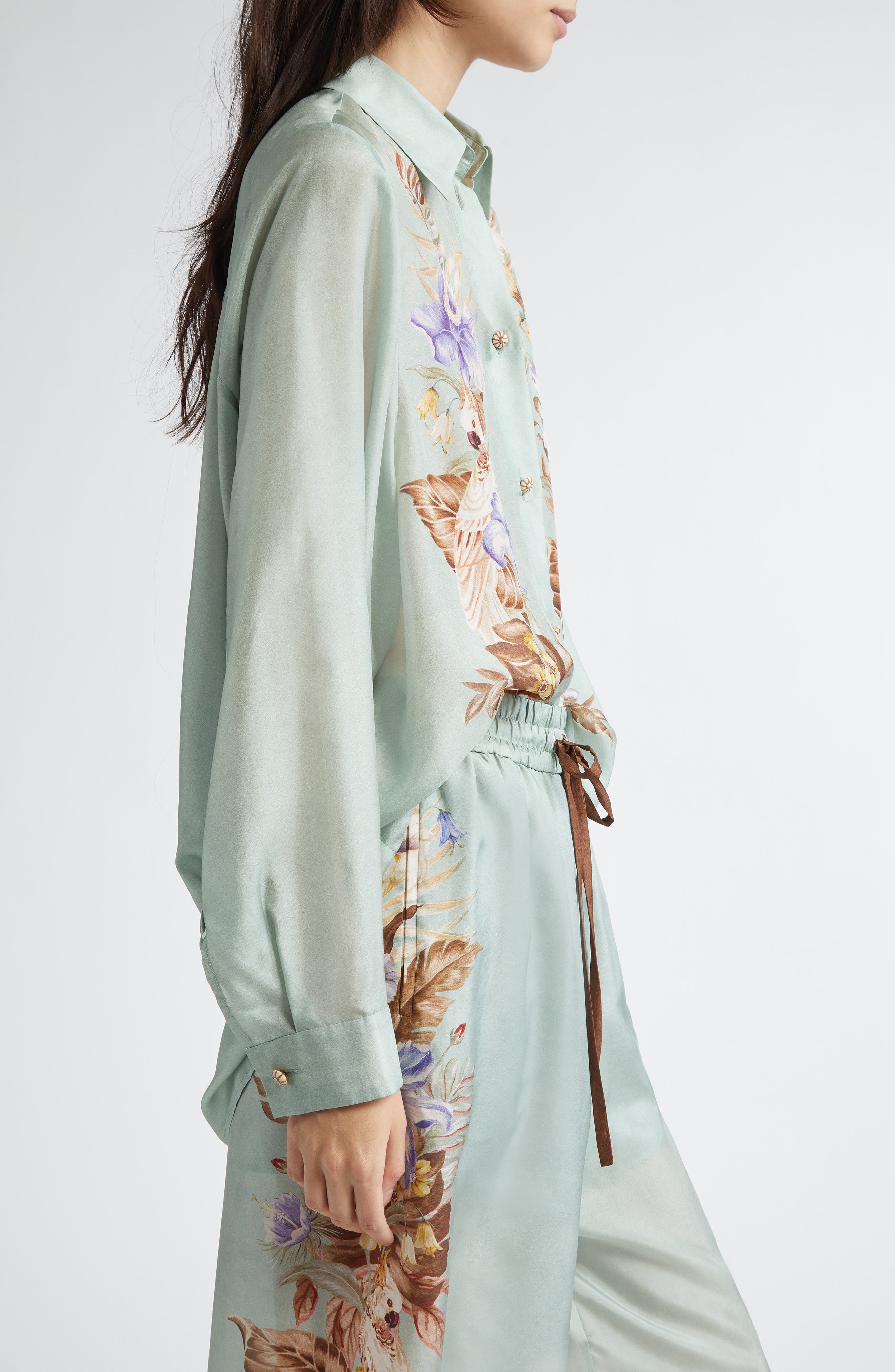Zimmermann Coco Placed Print Silk Button-Up Shirt in Sage Multi Floral at Nordstrom - 4