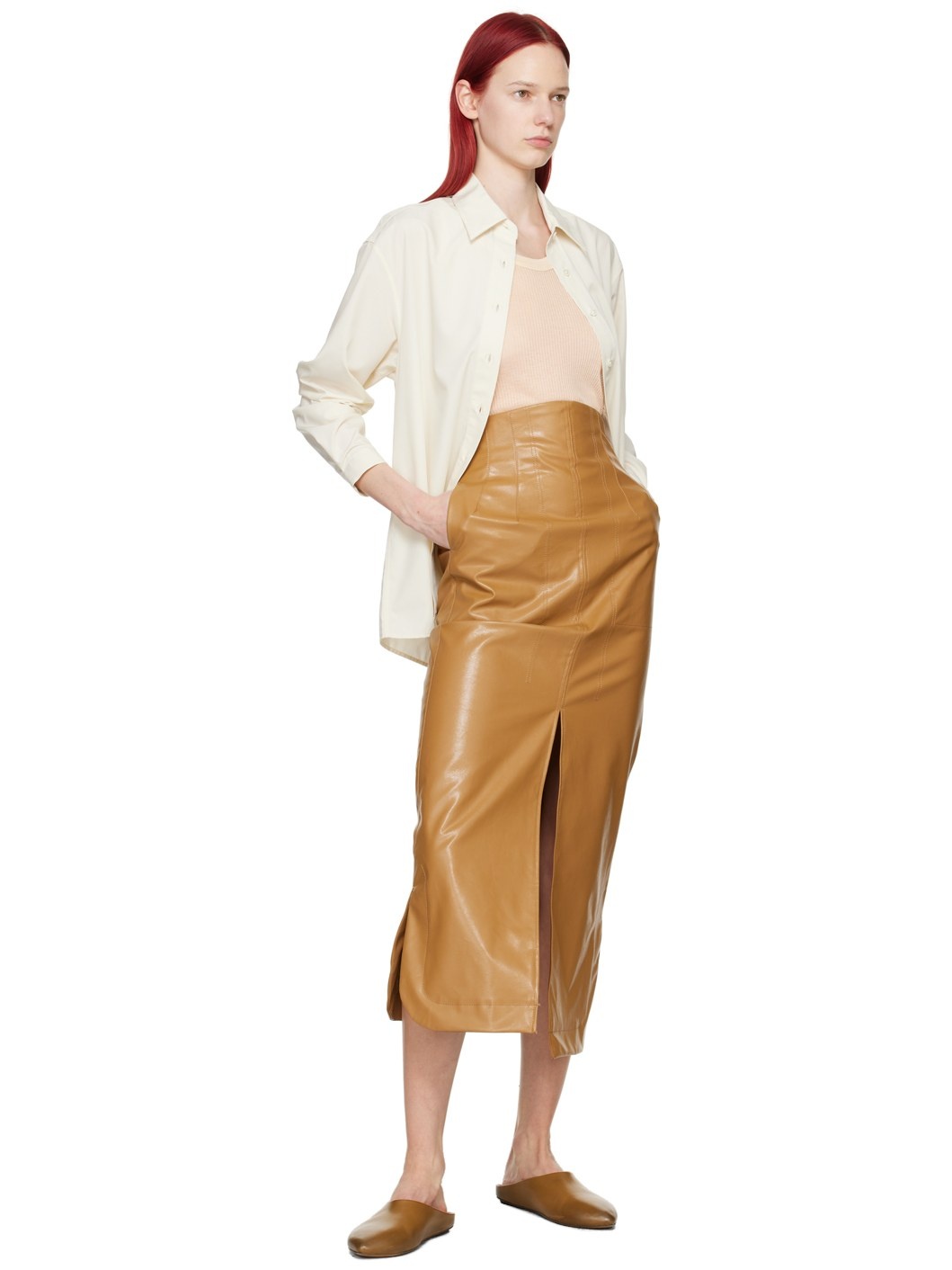 Beige Four-Pocket Faux-Leather Maxi Skirt - 4