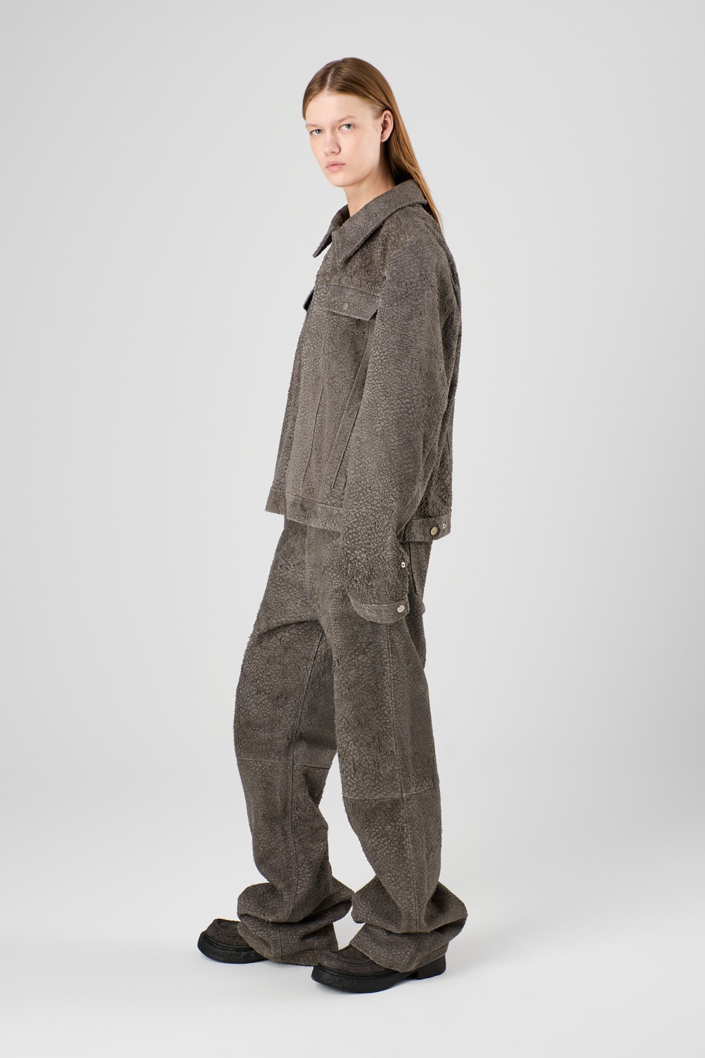 Gray Wrinkled Suede Leather Jacket - 4