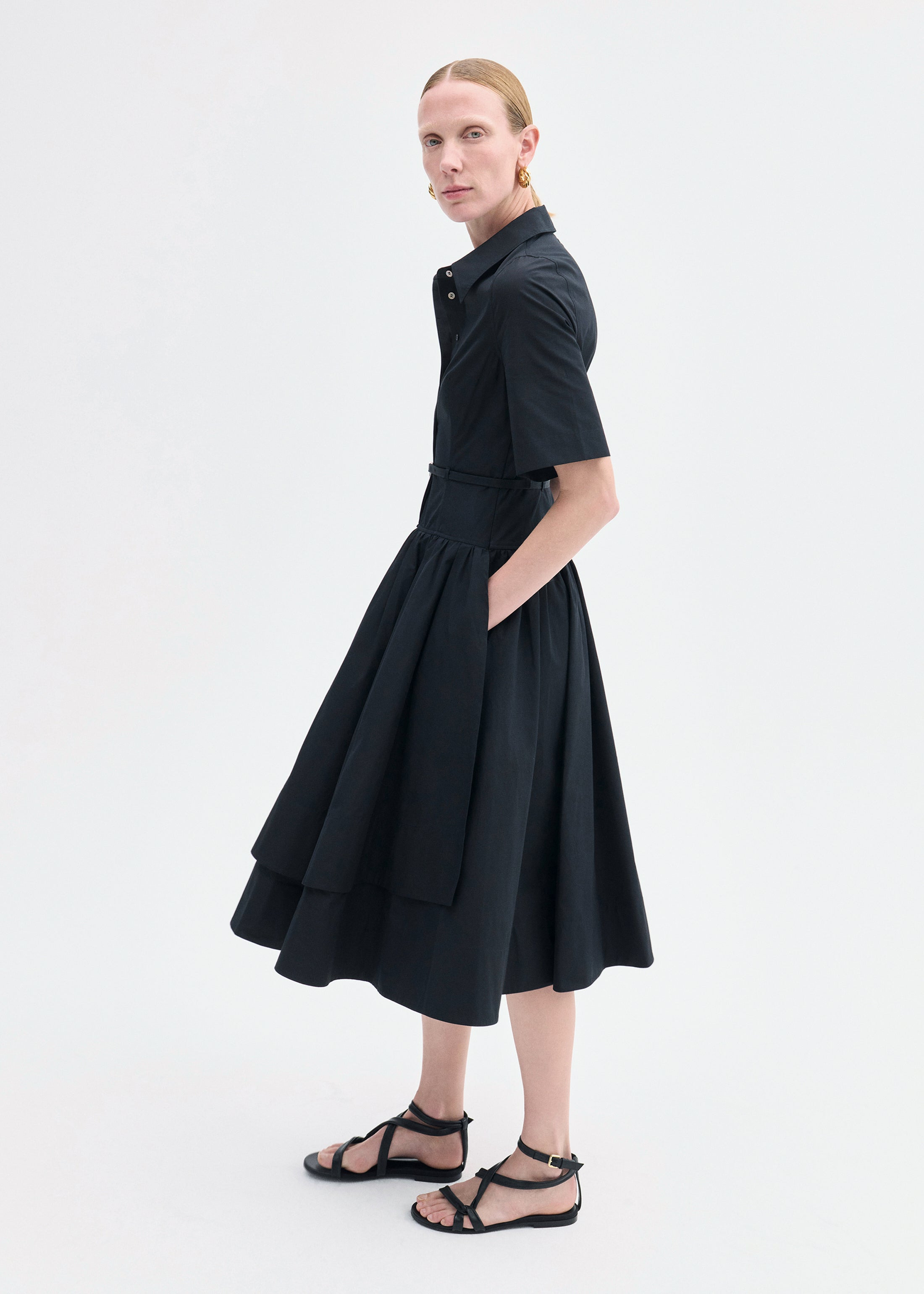 Short Sleeve Belted Dress in Cotton Poplin - 3