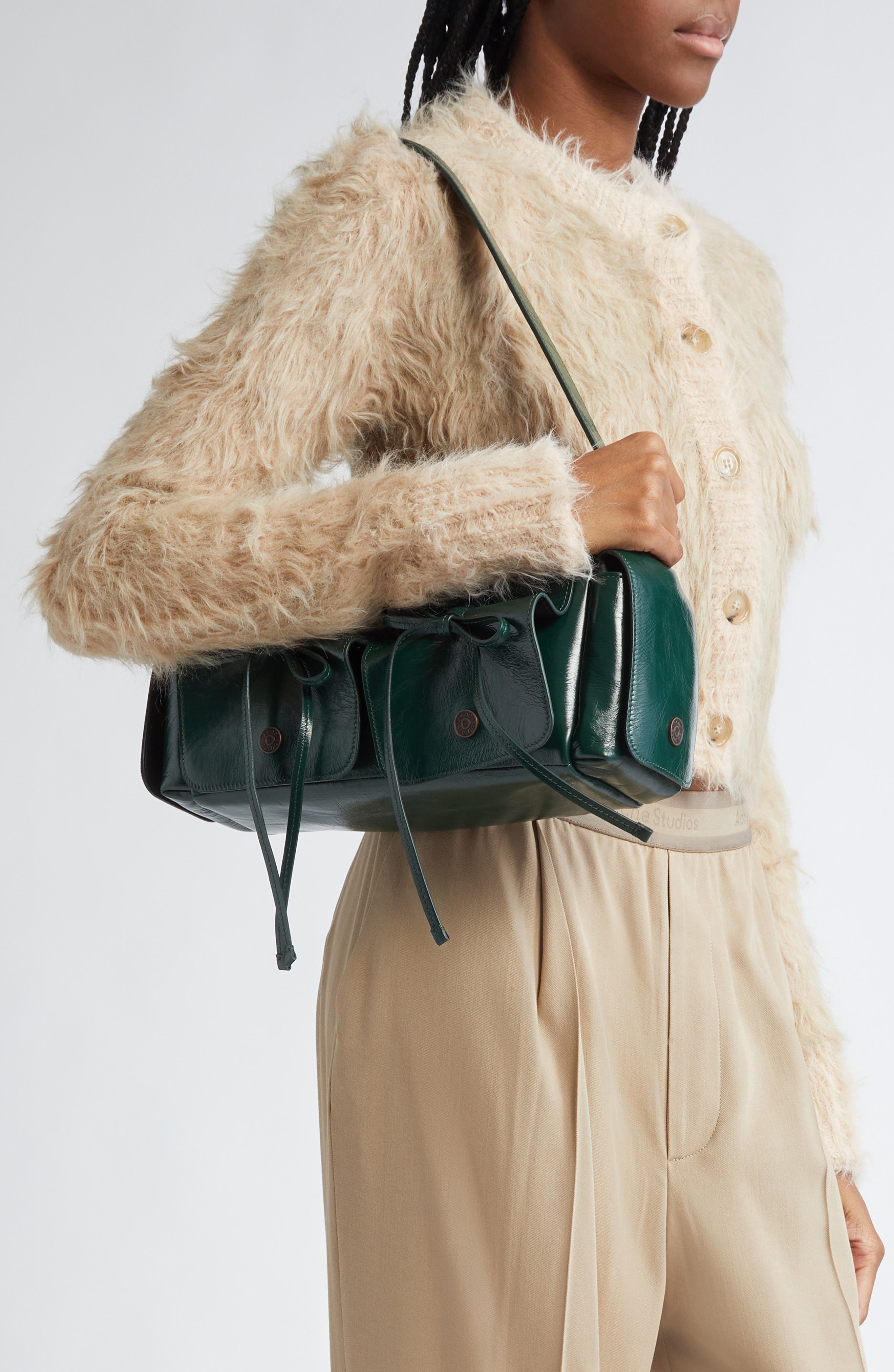 Acne Studios Multipocket Luxe Crinkle Leather Top Handle Bag in Dark Green at Nordstrom - 2