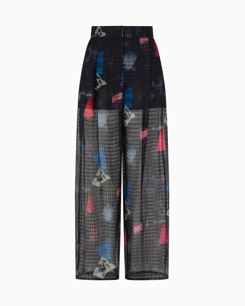 SILK TROUSERS WITH PLEATS AND MICRO CHECK MOTIF AND ABSTRACT PRINT 1