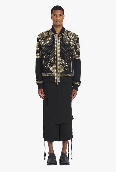 Black nylon bomber jacket with embroidered gold-tone studs - 4