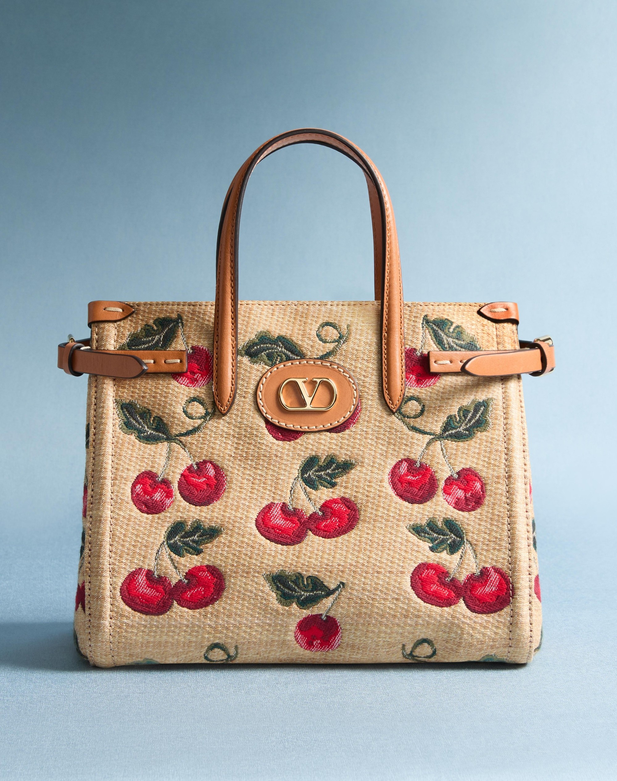 VALENTINO GARAVANI ANTIBES SMALL SHOPPING BAG IN JACQUARD RAFFIA WITH CHERRYFIC PATTERN - 7