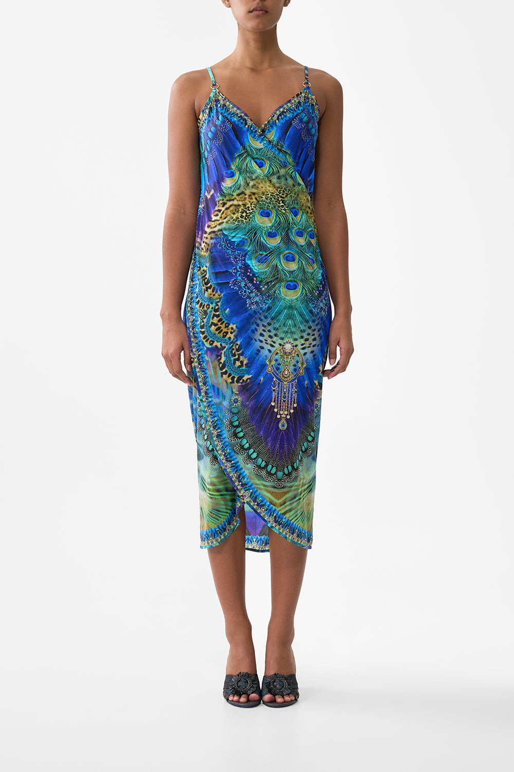 WRAP FRONT BACKLESS BEACH MIDI DRESS WITH TRIMS - 2
