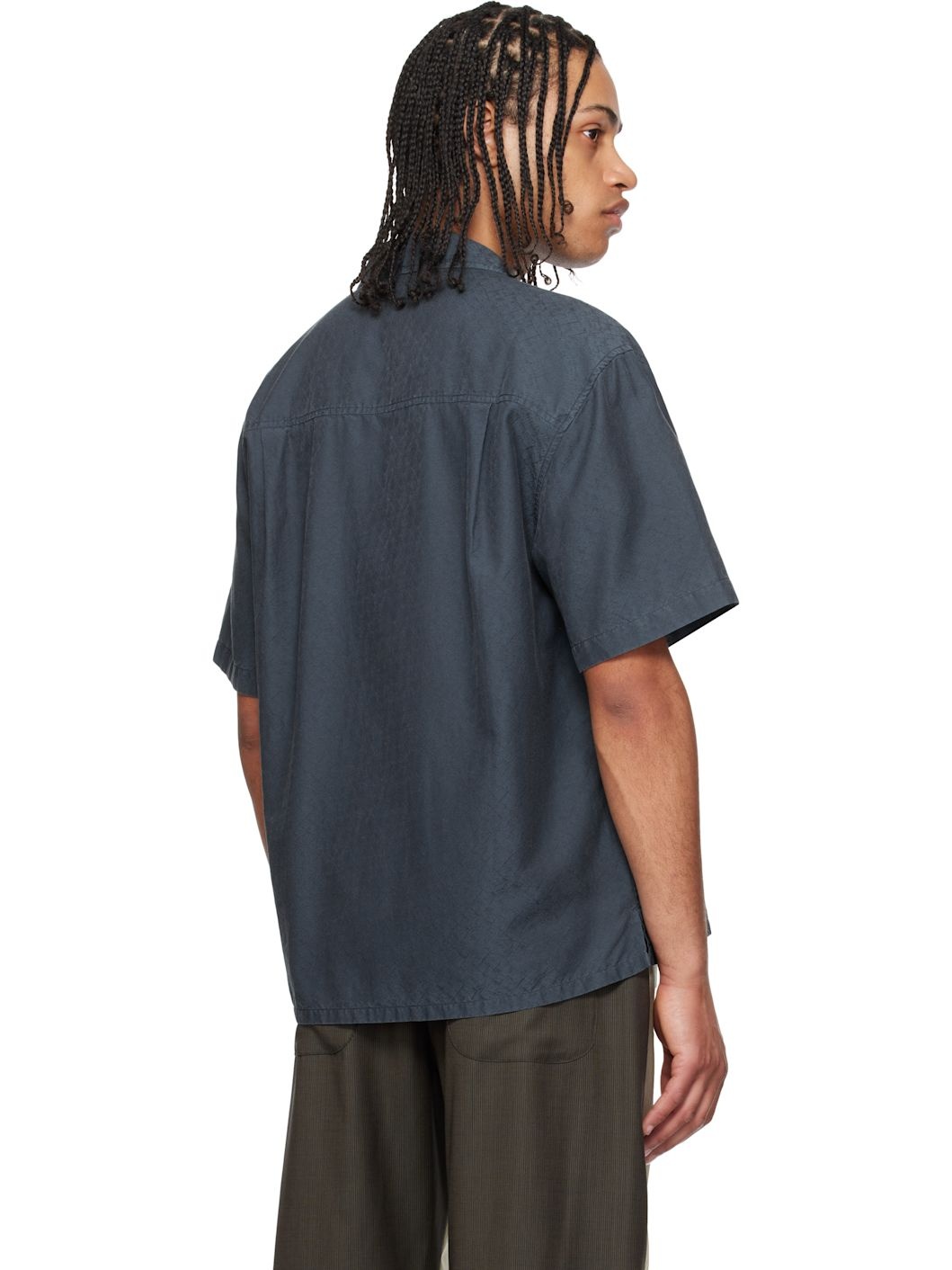 Navy Jacquard Silk Camp Shirt - 3