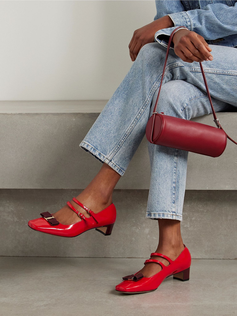 FERRAGAMO Vara bow-embellished patent-leather Mary Jane pumps Red outlook
