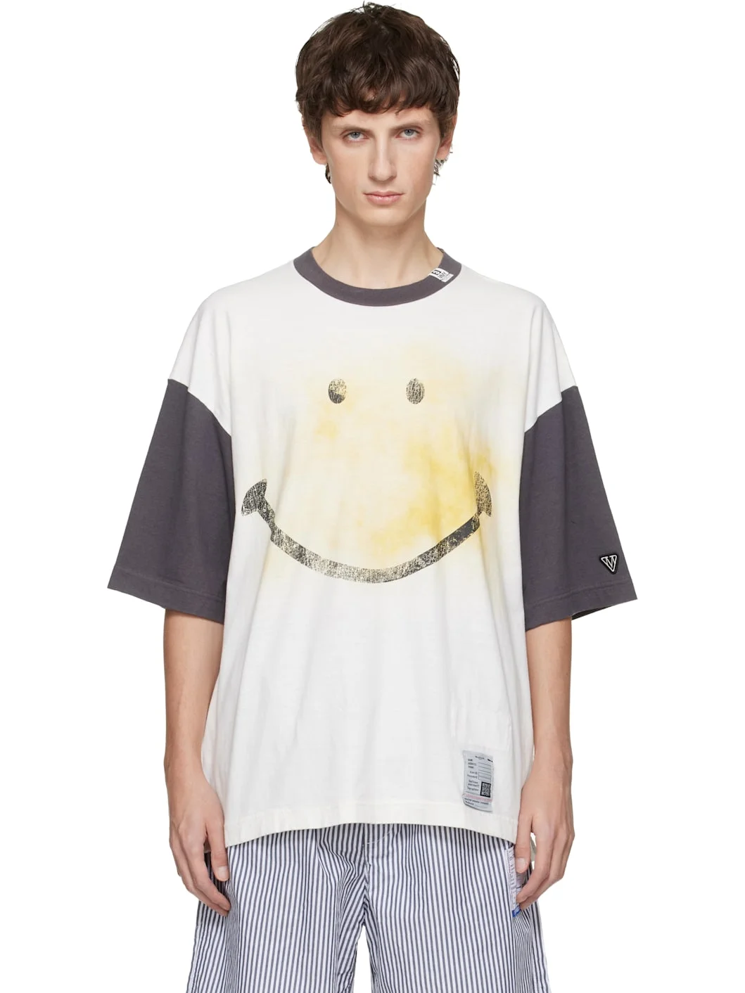 White & Gray Smily Face Printed Ringer T-shirt - 1