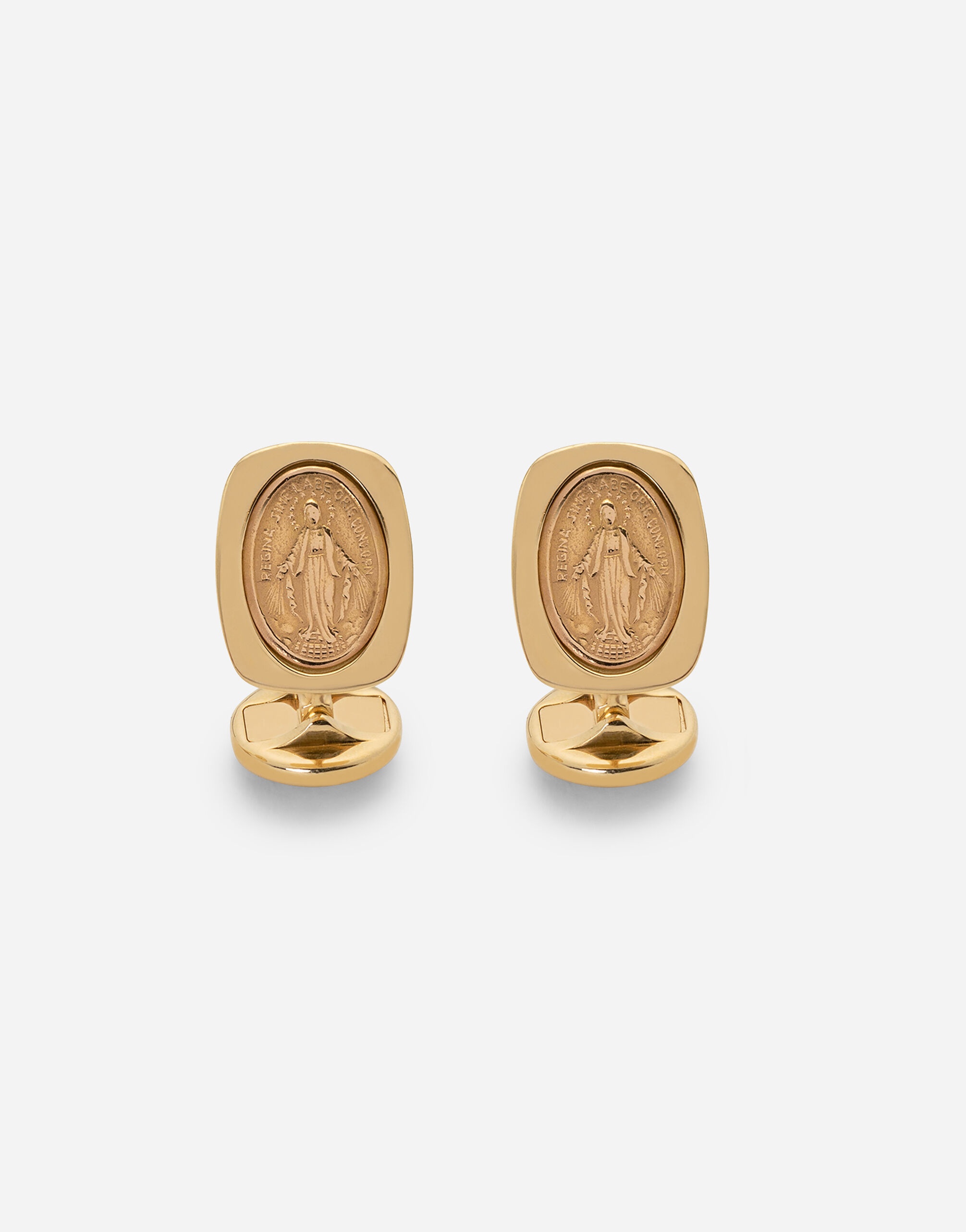 Devotion yellow gold cufflinks with a red gold Virgin Mary medallion - 1