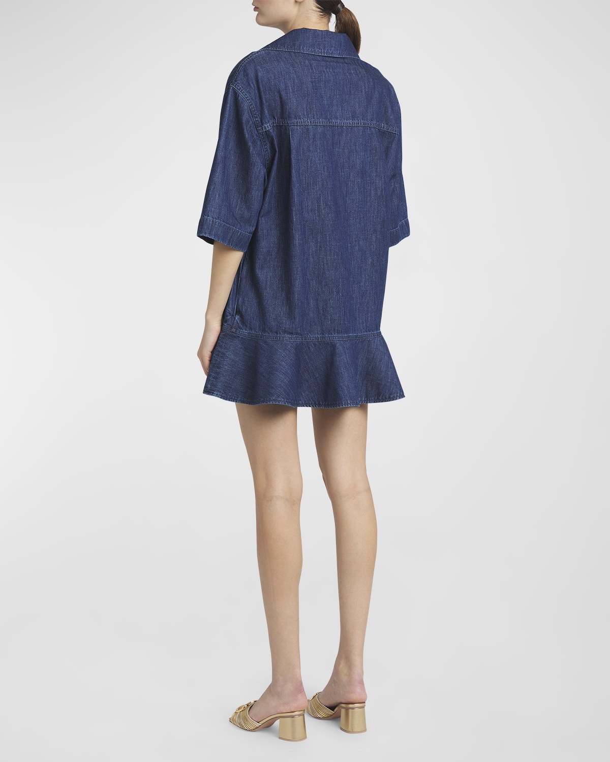 Denim Flared Hem Mini Dress with Logo Detail - 4