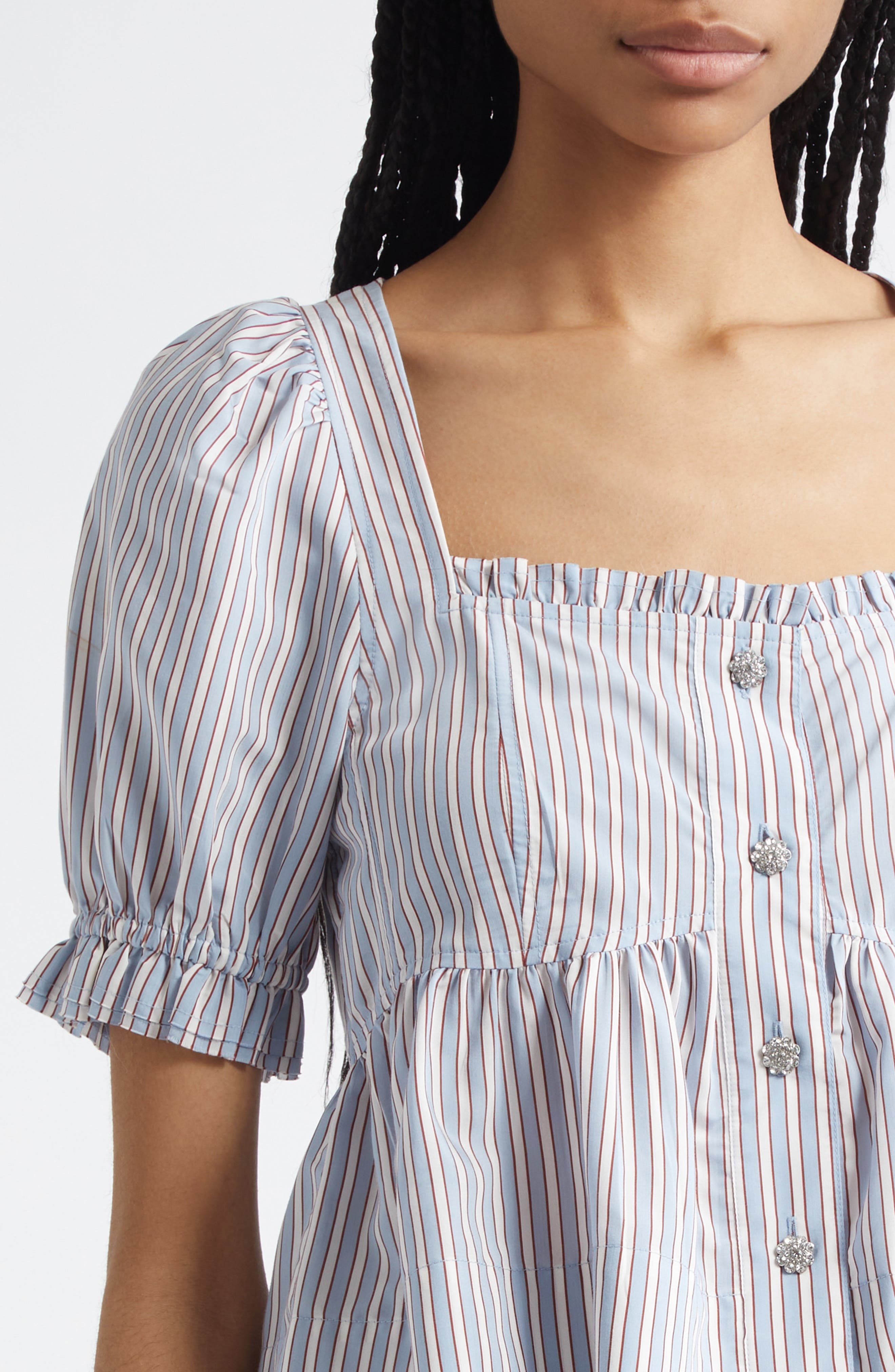 Ganni Yarn Dye Flounce Puff Sleeve Top in Soft Chambray at Nordstrom - 4