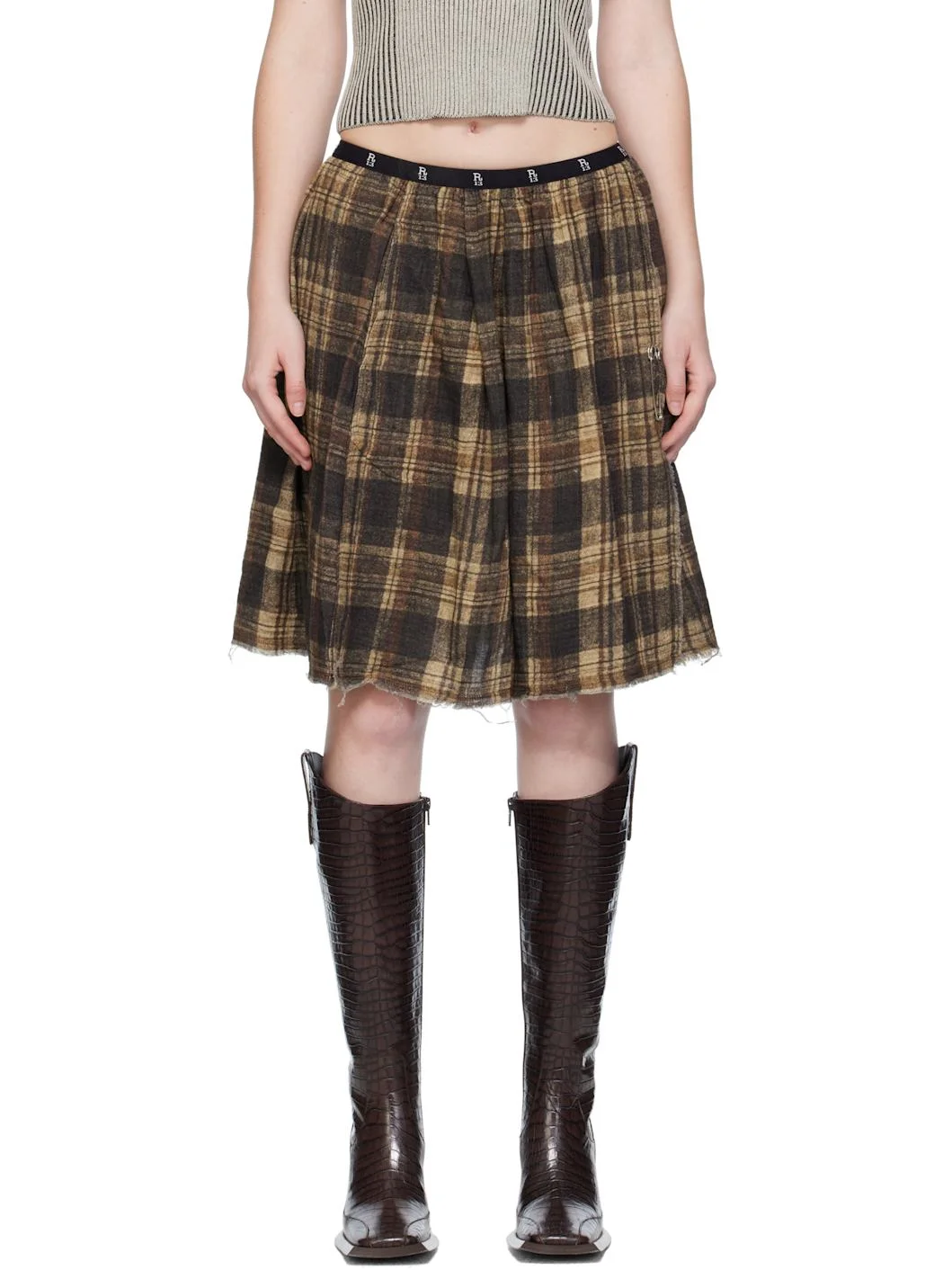 Brown Knee-Length Kilt Reversible Midi Skirt - 1