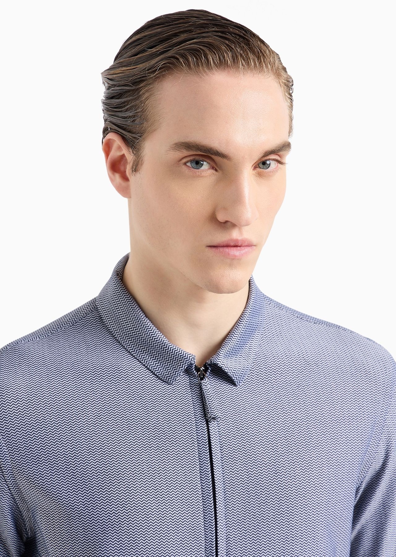 Slim-fit, zip-up shirt in a cotton-blend jersey with a chevron motif - 5