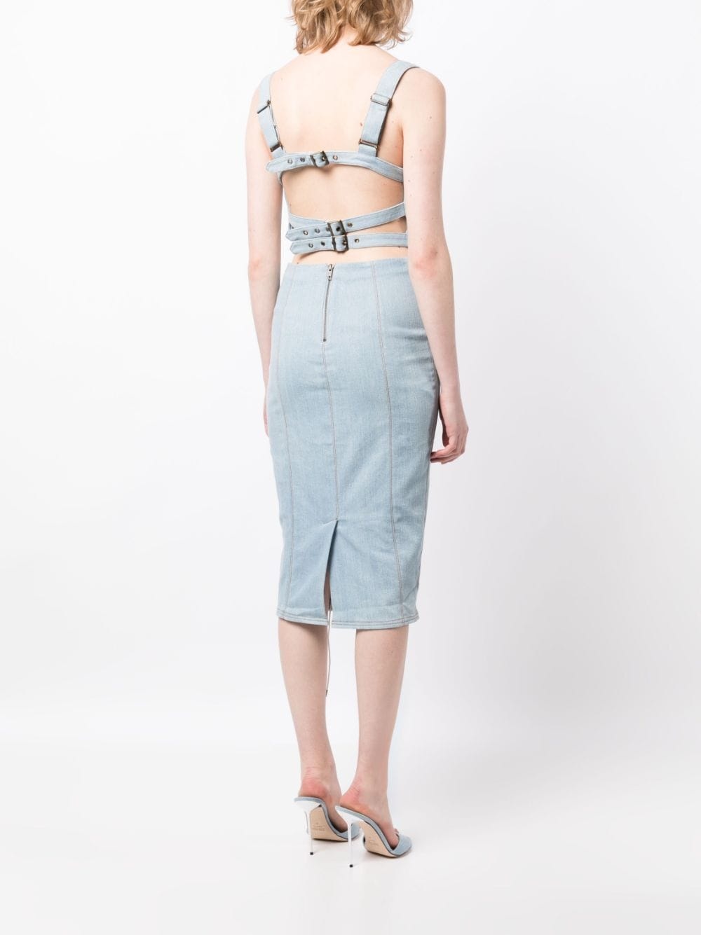 lace-up washed denim fitted dress - 4