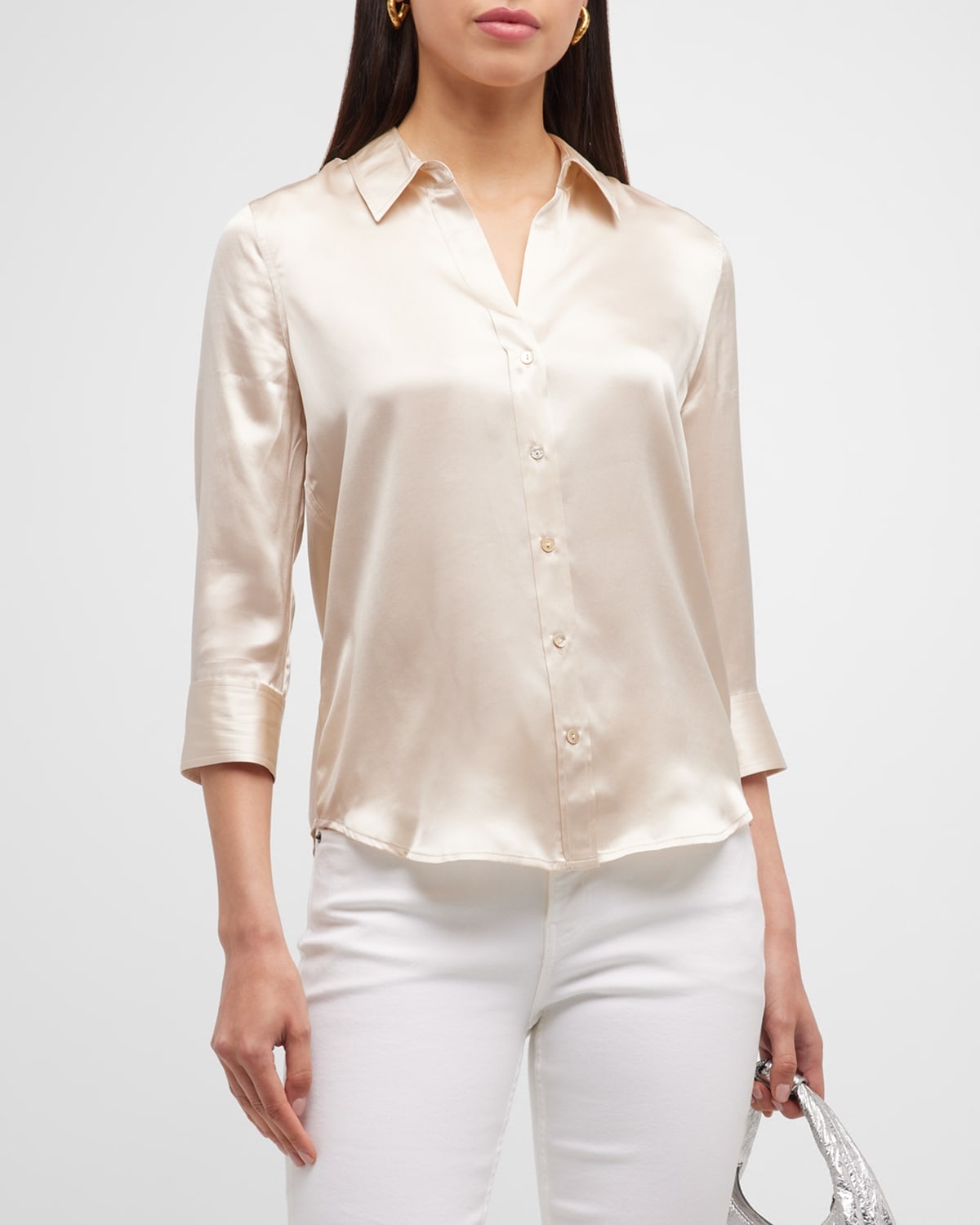 Dani Silk Satin 3/4-Sleeve Button-Down Blouse - 4