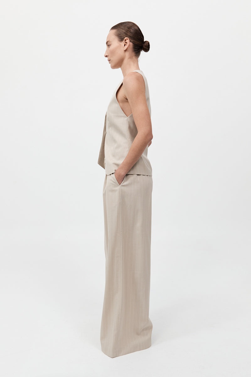 Pinstripe Wool Drawstring Pants - Latte - 4