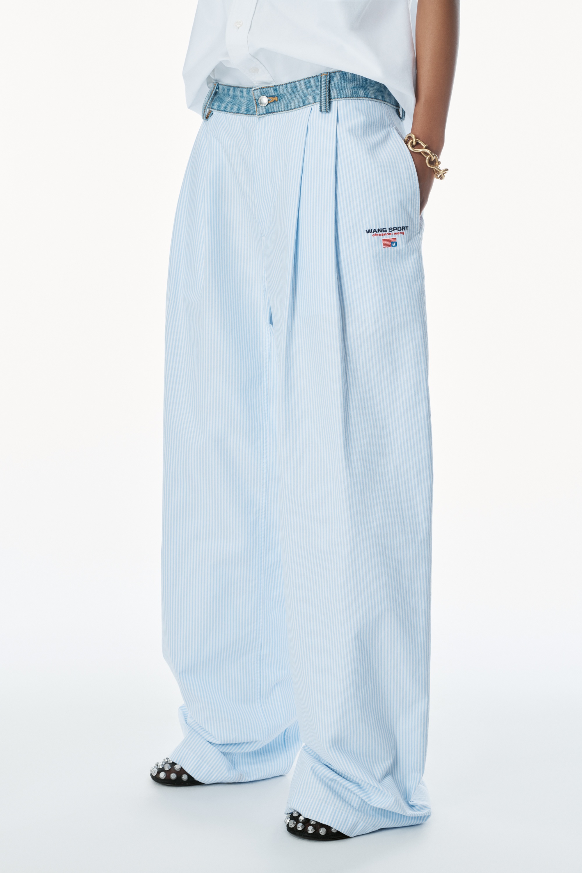 Cotton Oxford Pants with Denim Waistband - 3