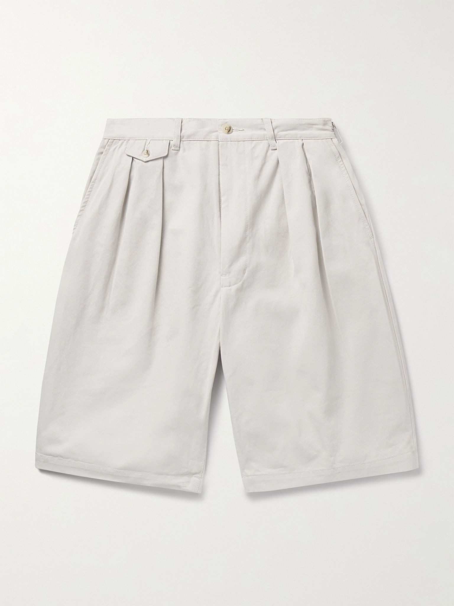 Wide-Leg Pleated Cotton-Twill Shorts Ecru - 1