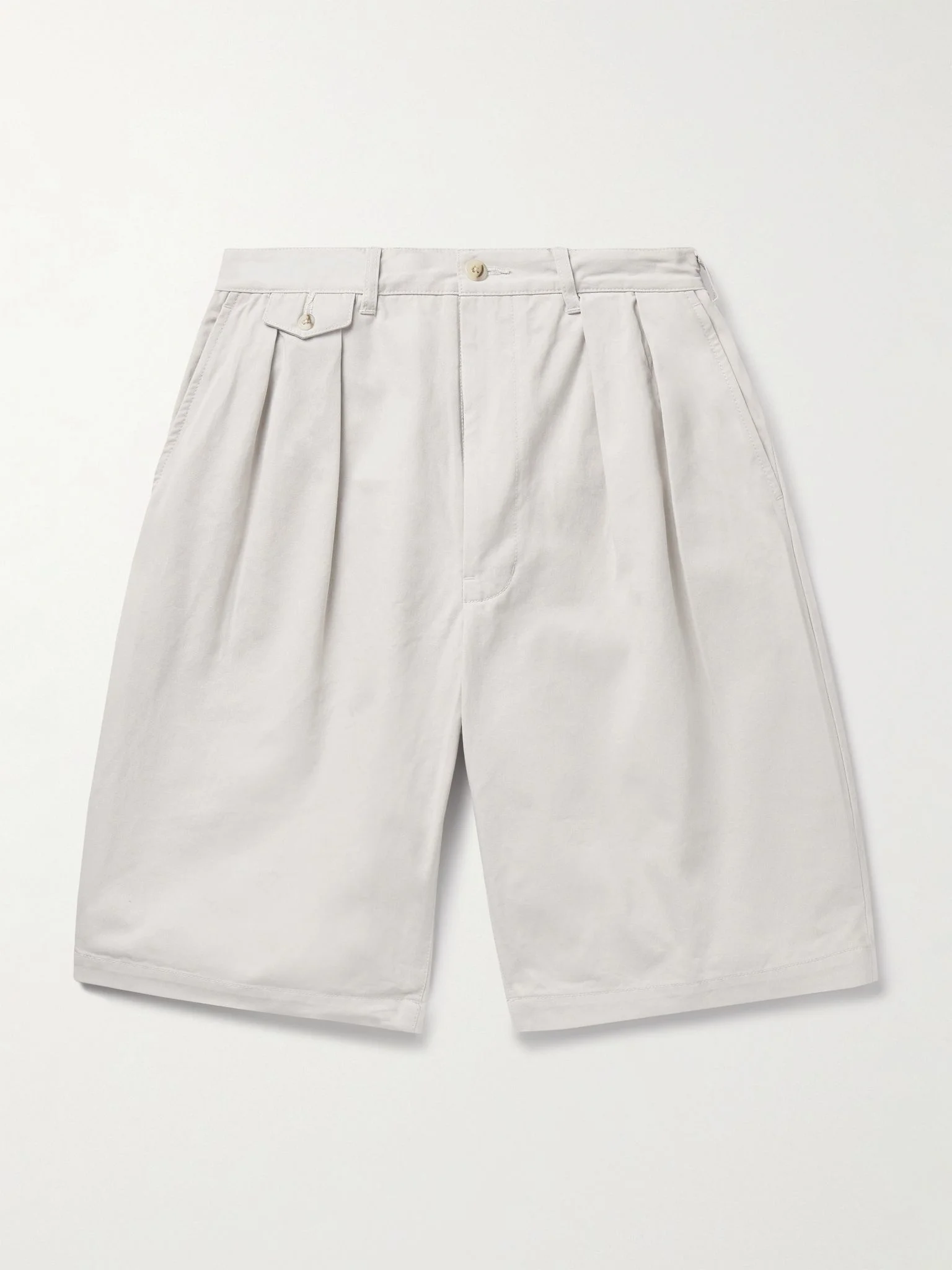 Wide-Leg Pleated Cotton-Twill Shorts Ecru - 1
