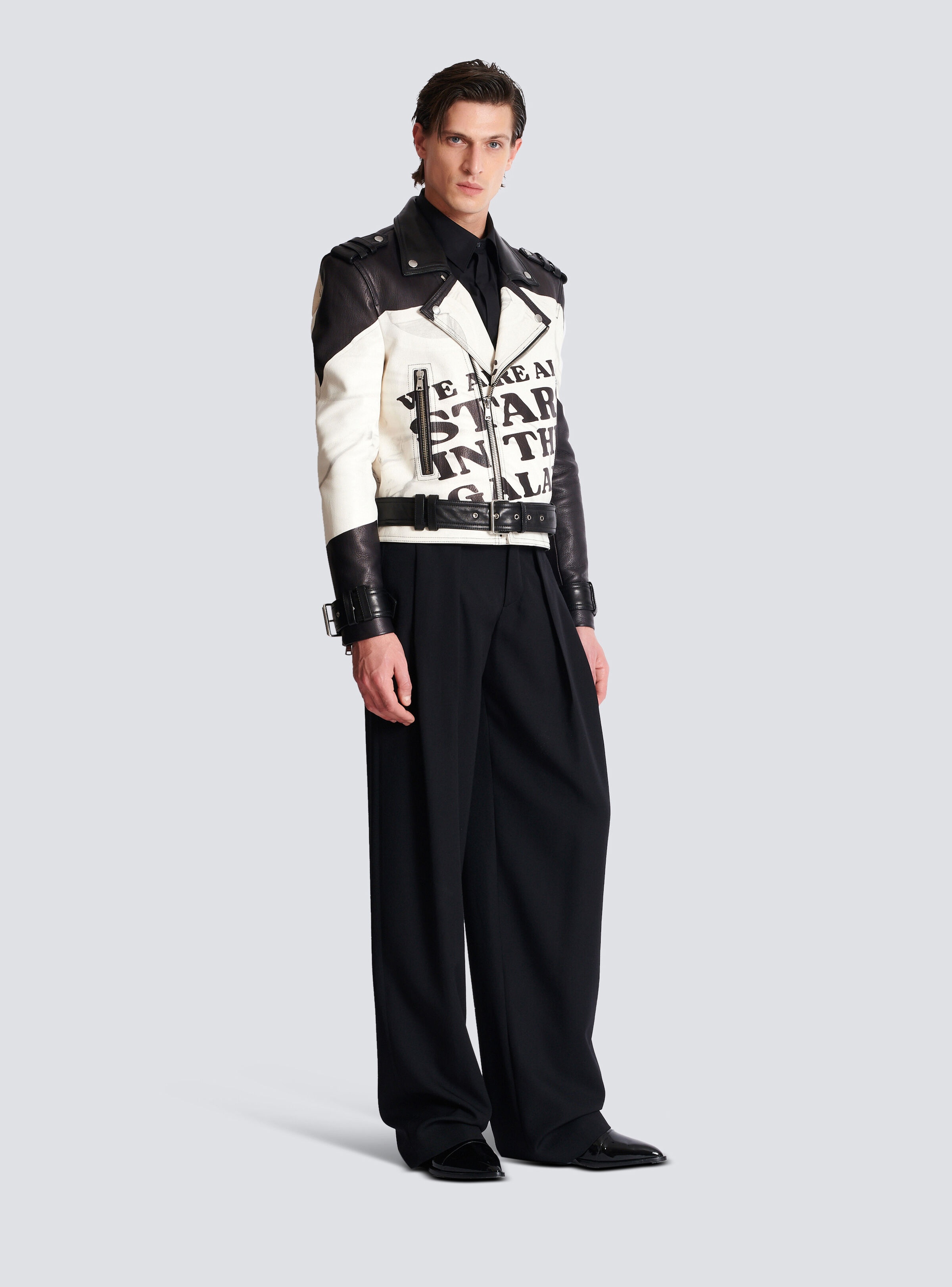 Leather biker jacket with trompe-l'œil T-shirt print - 3