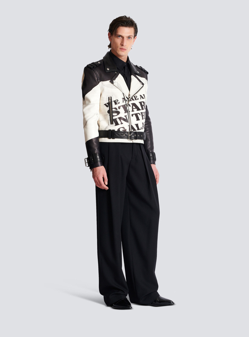 Leather biker jacket with trompe-l'œil T-shirt print 3