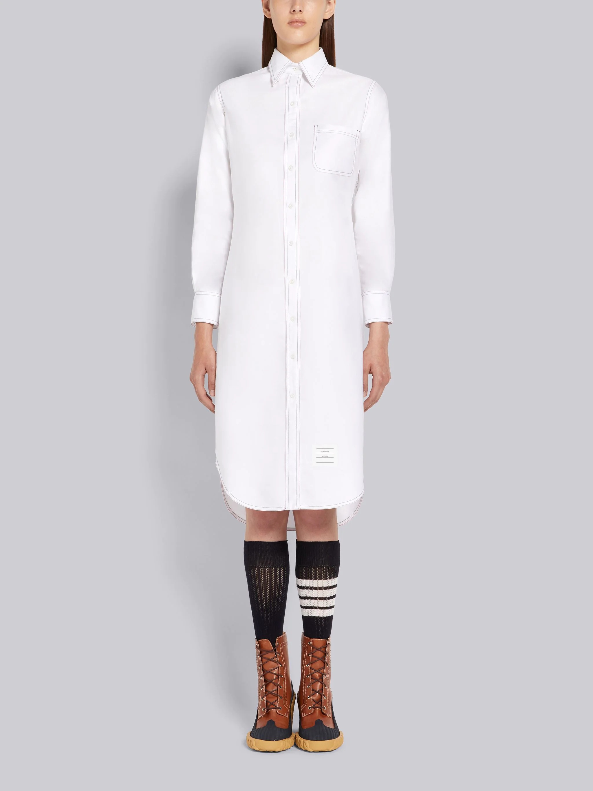 White Oxford Triple Stitching Point Collar Knee Length Shirtdress - 1