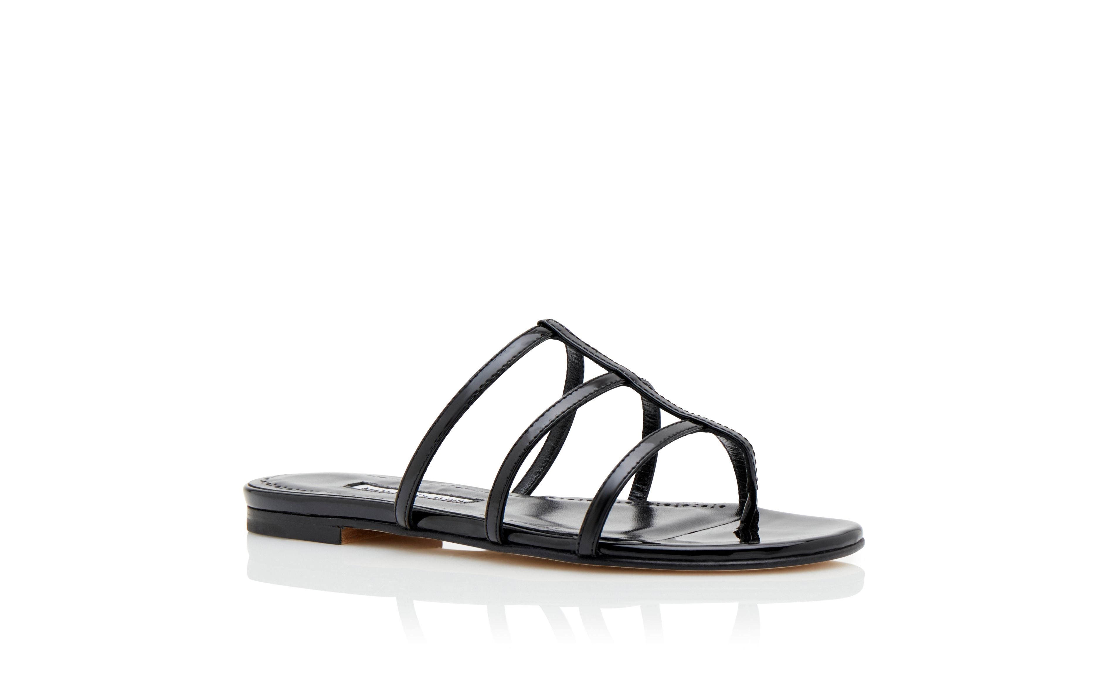 Black Patent Leather Strappy Flat Sandals - 3