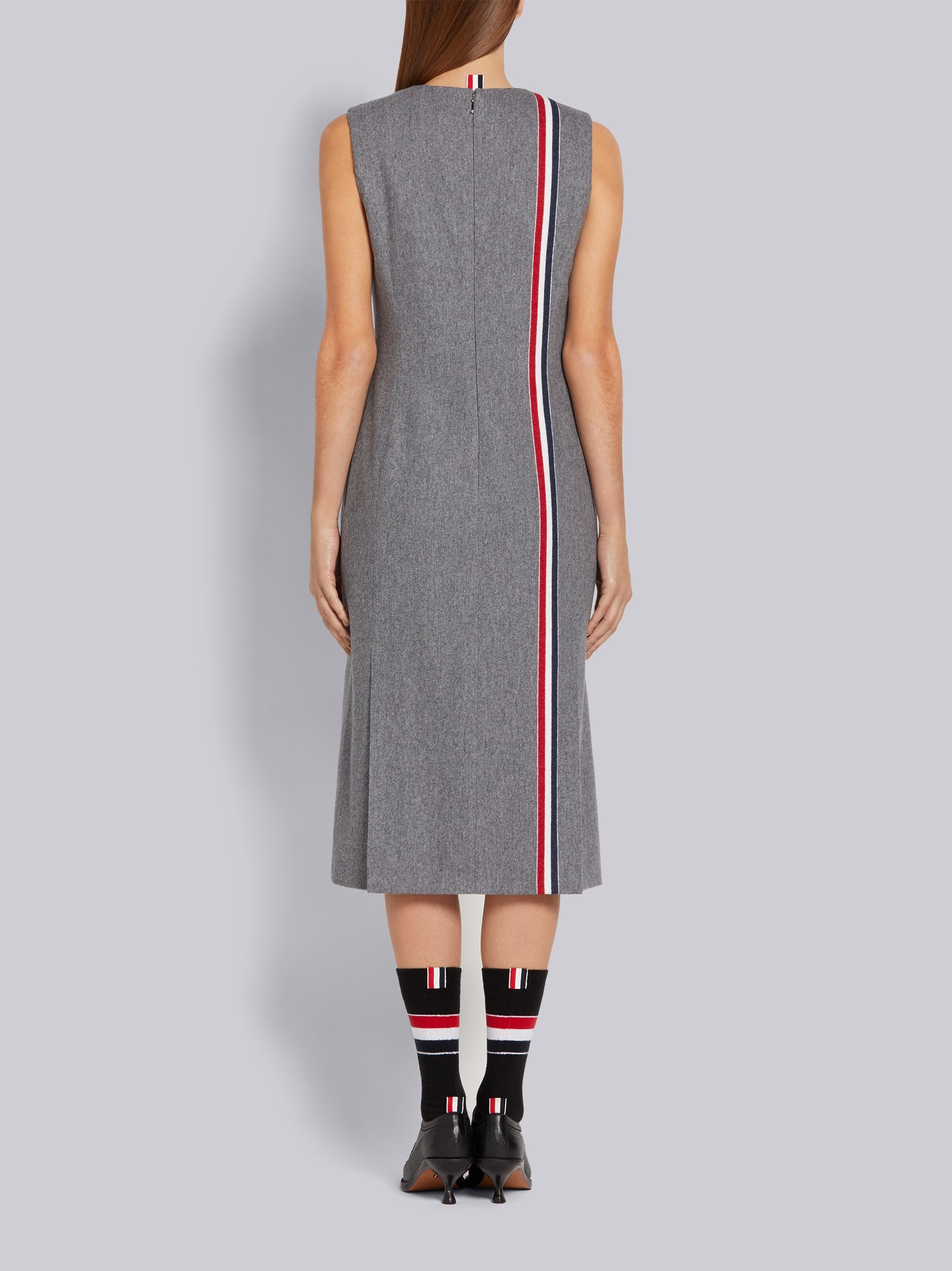 Medium Grey Lightweight Boiled Wool Engineered Stripe Sleeveless 4-vent Pencil Dress - 2