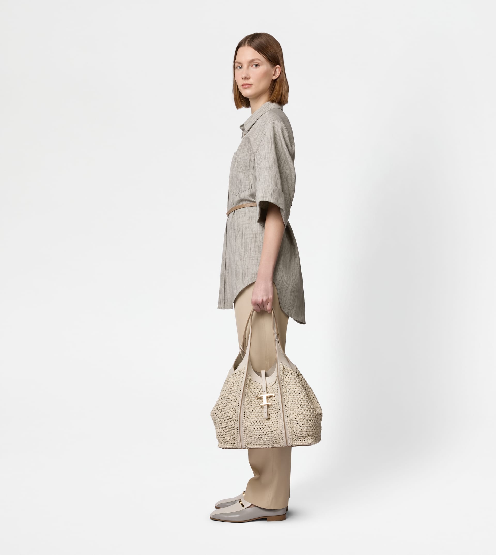 Tod's T TIMELESS SHOPPING BAG IN RAFFIA AND LEATHER MEDIUM