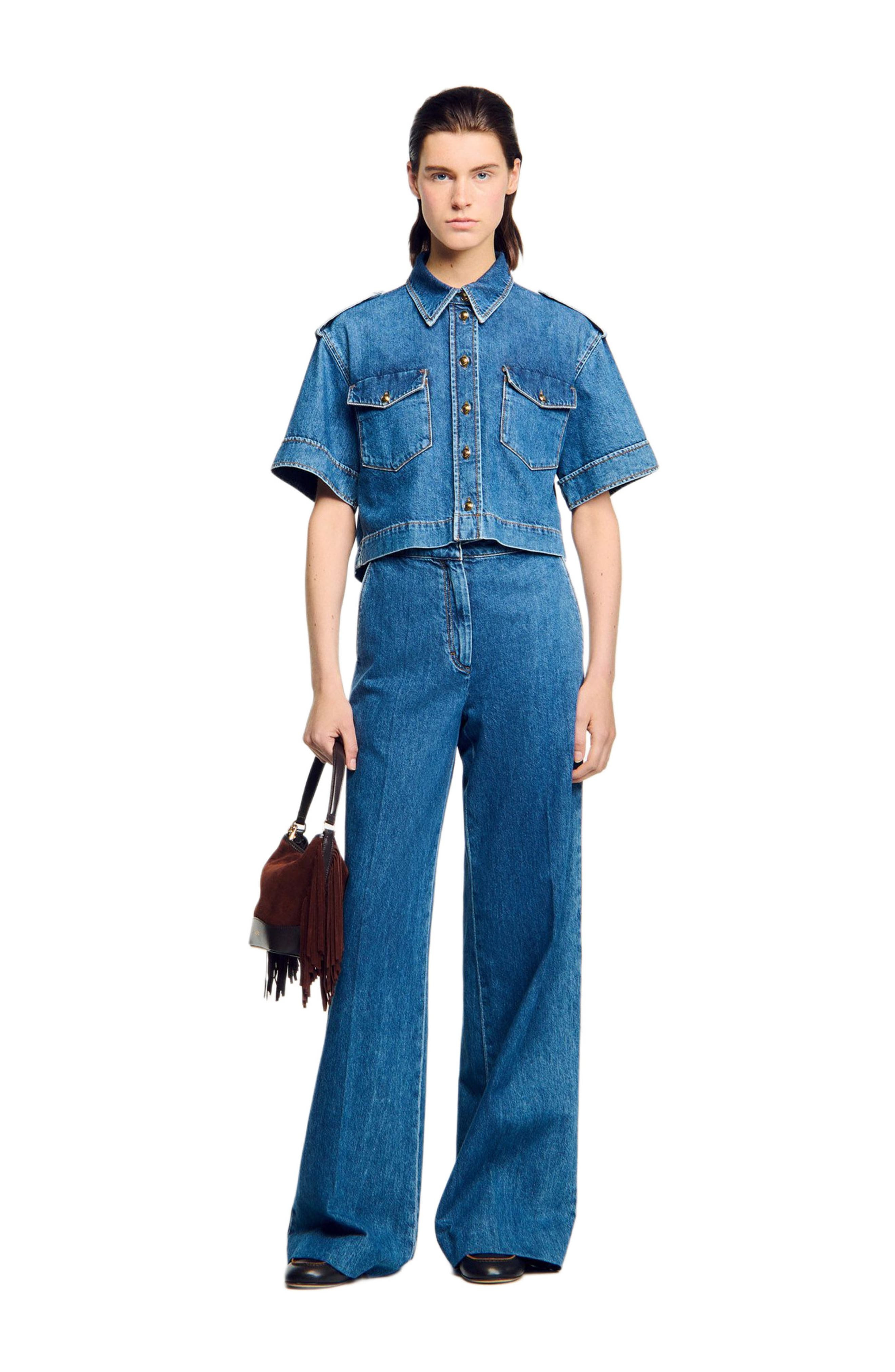 SANDRO Cropped denim shirt in Blue Jean at Nordstrom - 6