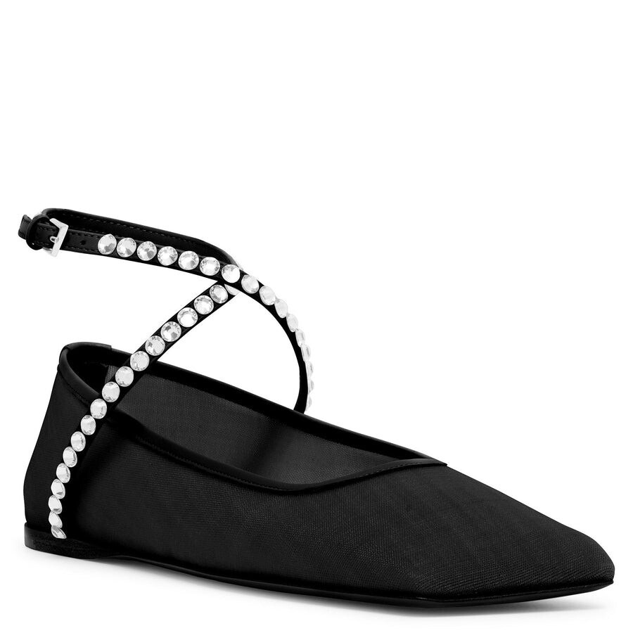Amina Muaddi Ladies Mesh Black / White Ane Crystal Mesh Flats - 2