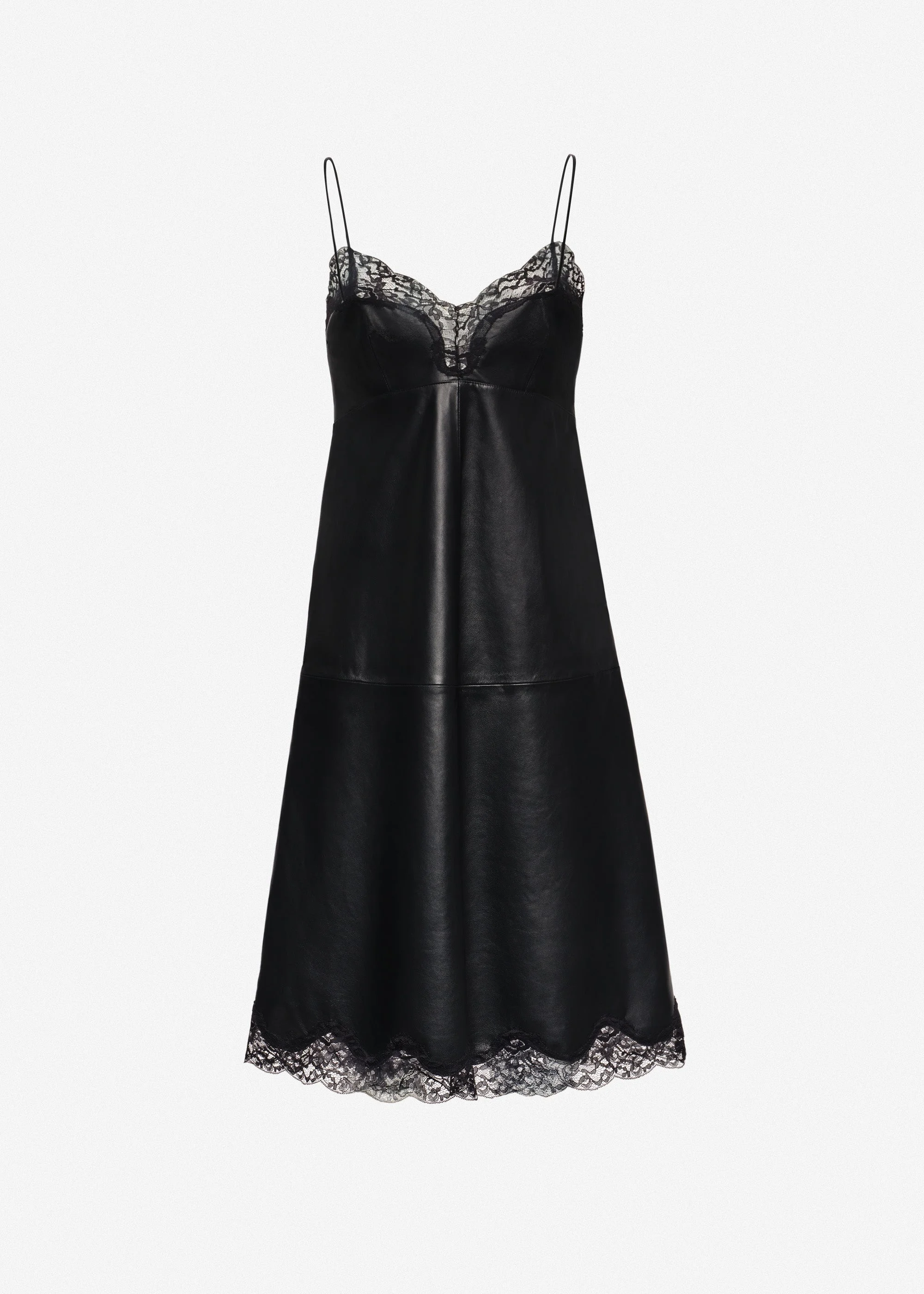 Leather lace-trim slip dress in black - 1