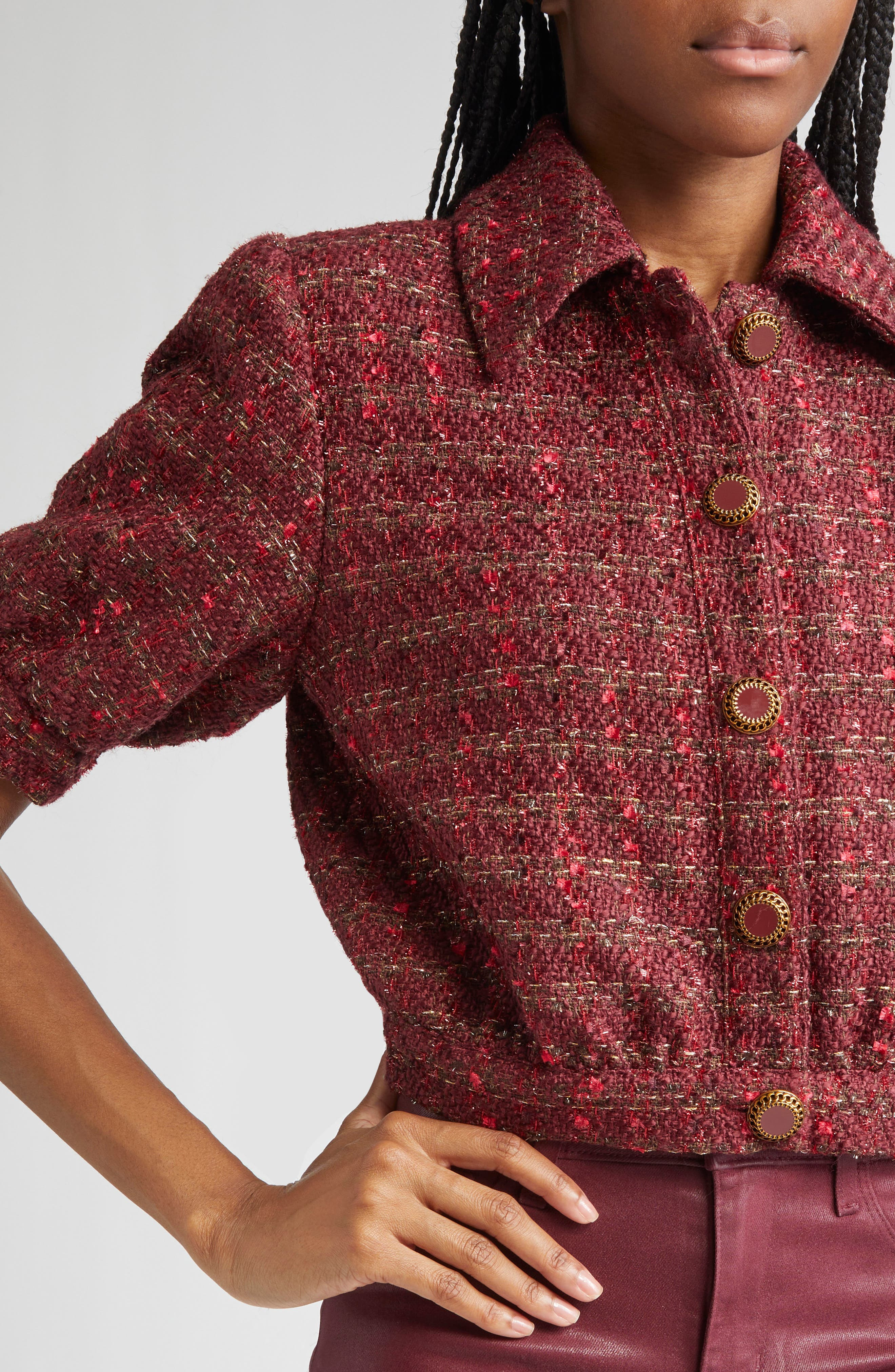 L'AGENCE Tweed Check Puff Sleeve Jacket in Brown/blk Cherry Multi Tweed at Nordstrom - 5