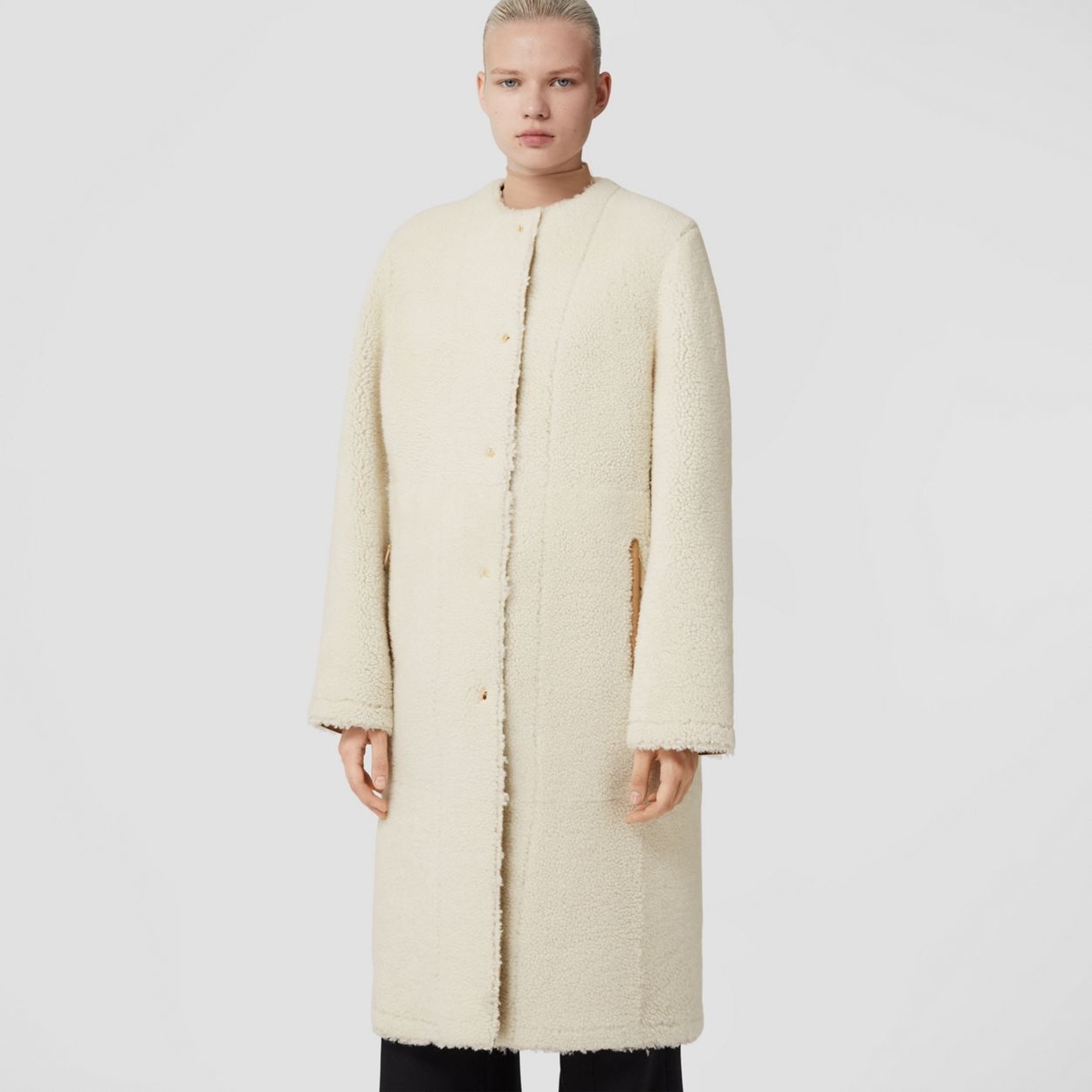 Reversible Shearling Collarless Coat - 7