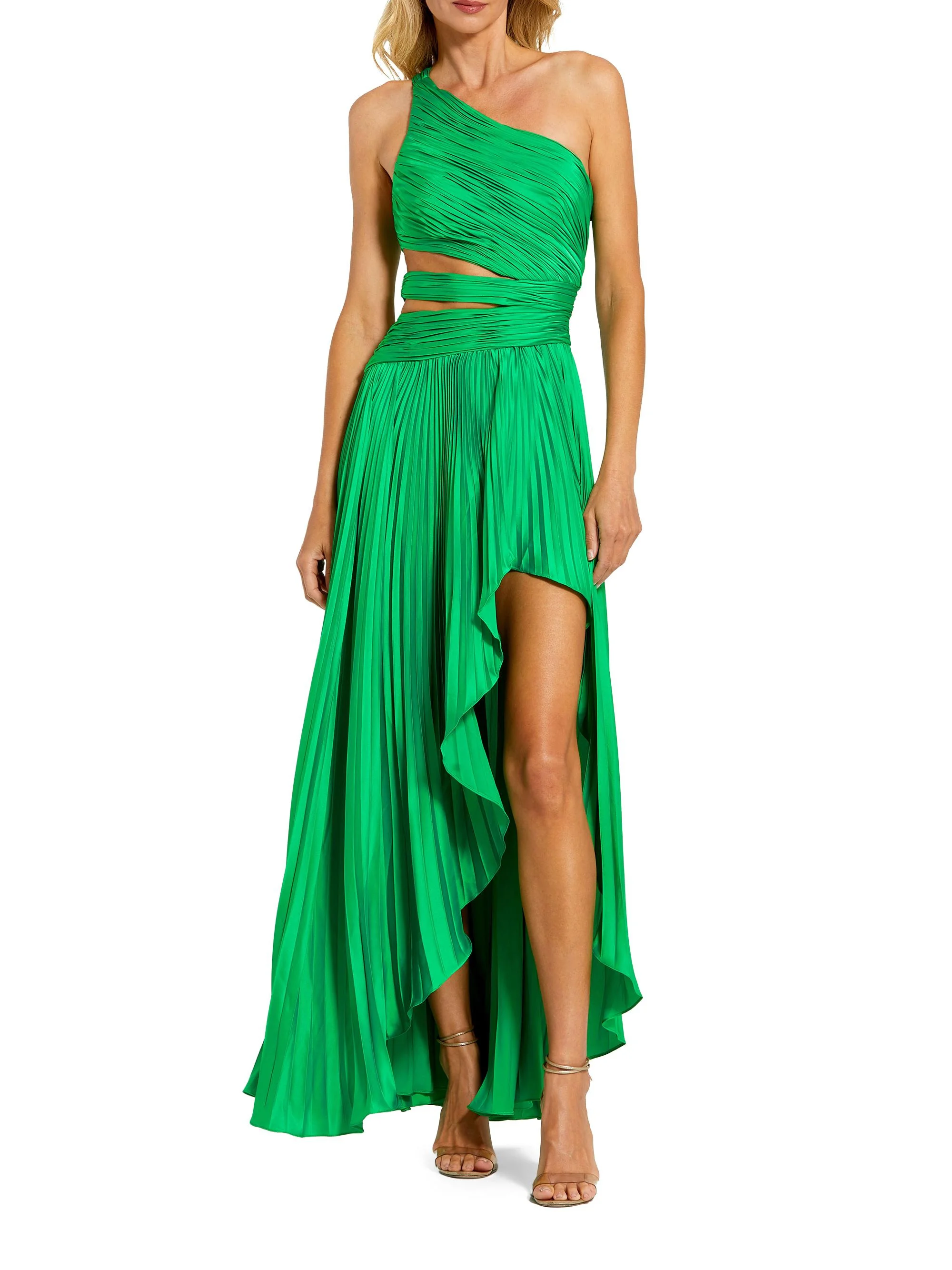 Women's One-Shoulder Pleated Asymmetrical Gown - Spring Green - 1