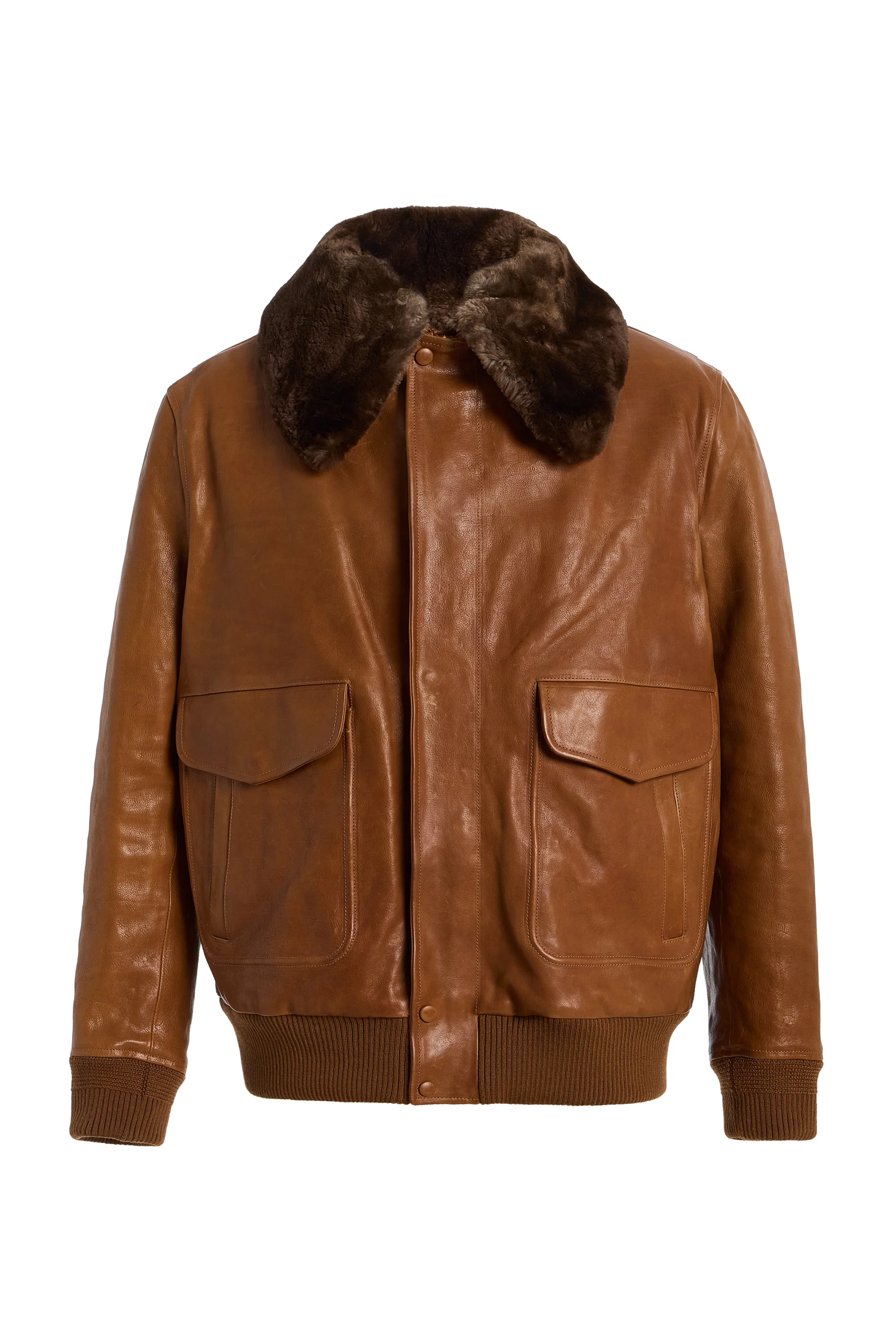 Grant Bomber Jacket in Cognac Vachetta Leather with Recycled Fur Collar - 1