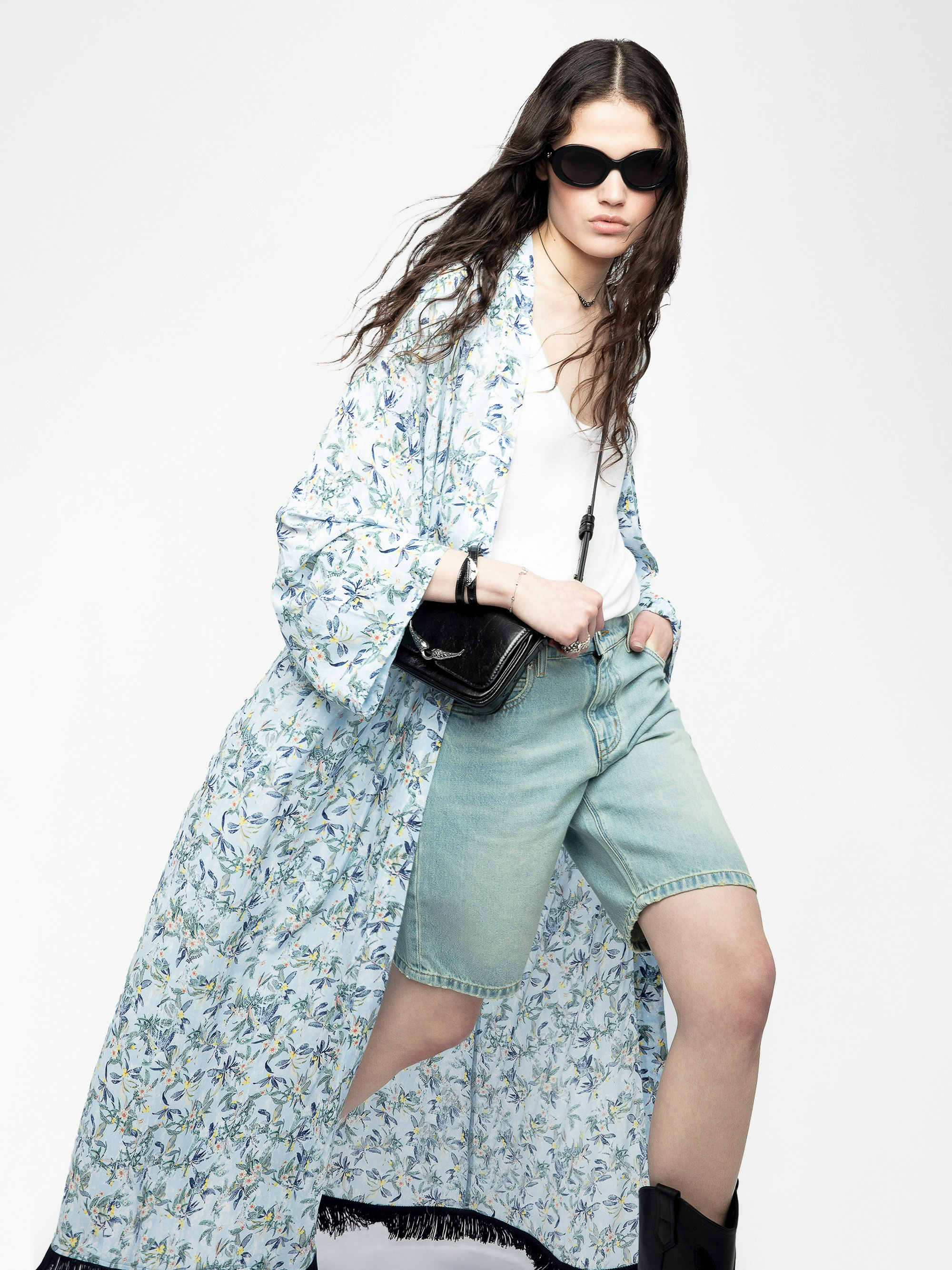 Long Viscose Floral Blue Kimono - 4