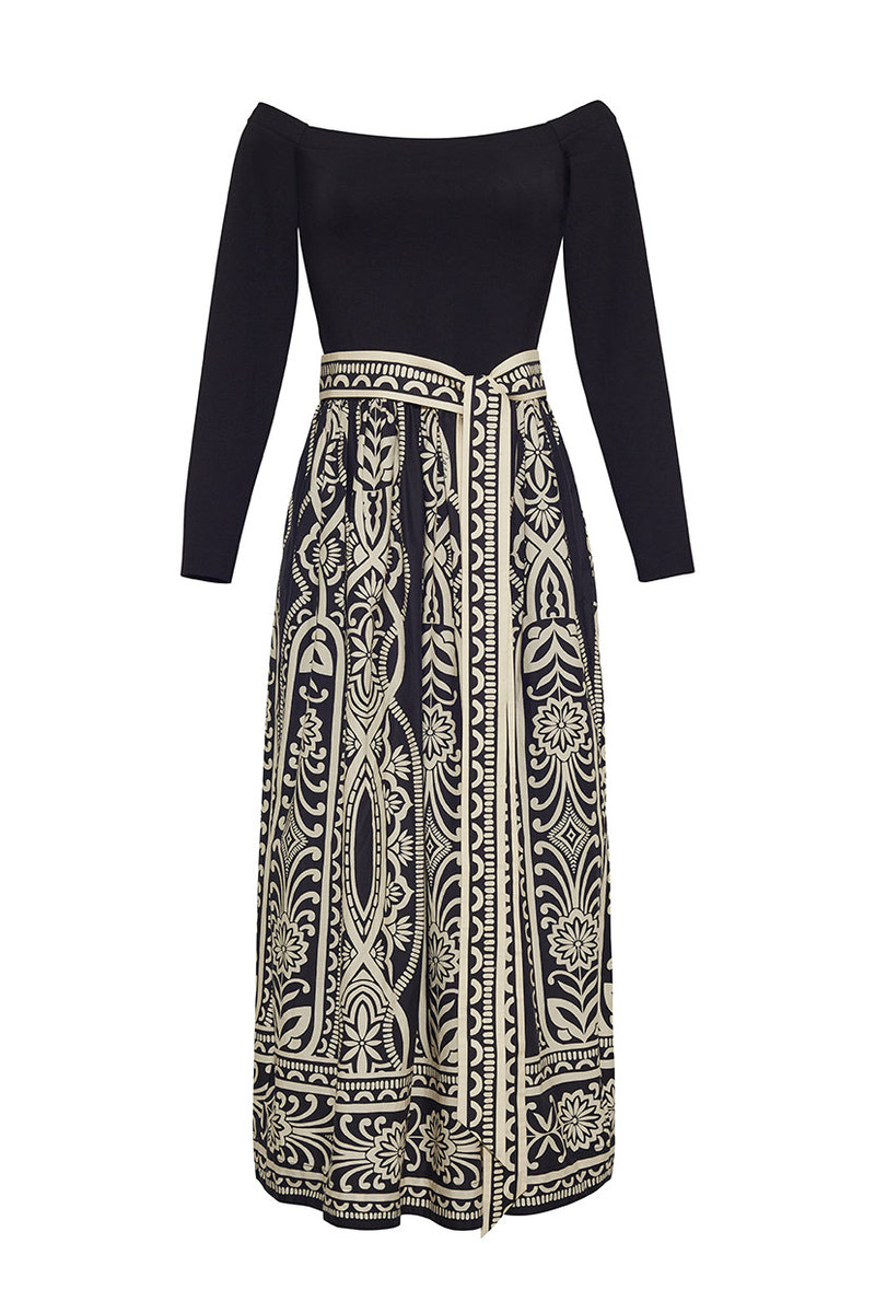 Imani Dress A Bold Off-Shoulder Midi Featuring a Striking Print and Flared Shirred Waist 1