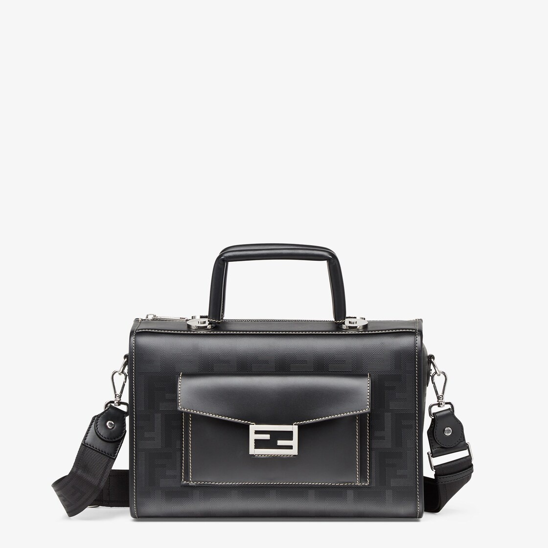 Structured-design Boston bag with zip fastening made of black leather with striped texture FF motif  - 1