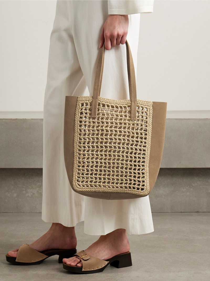 KHAITE Zoe small suede and crocheted raffia tote Neutral outlook
