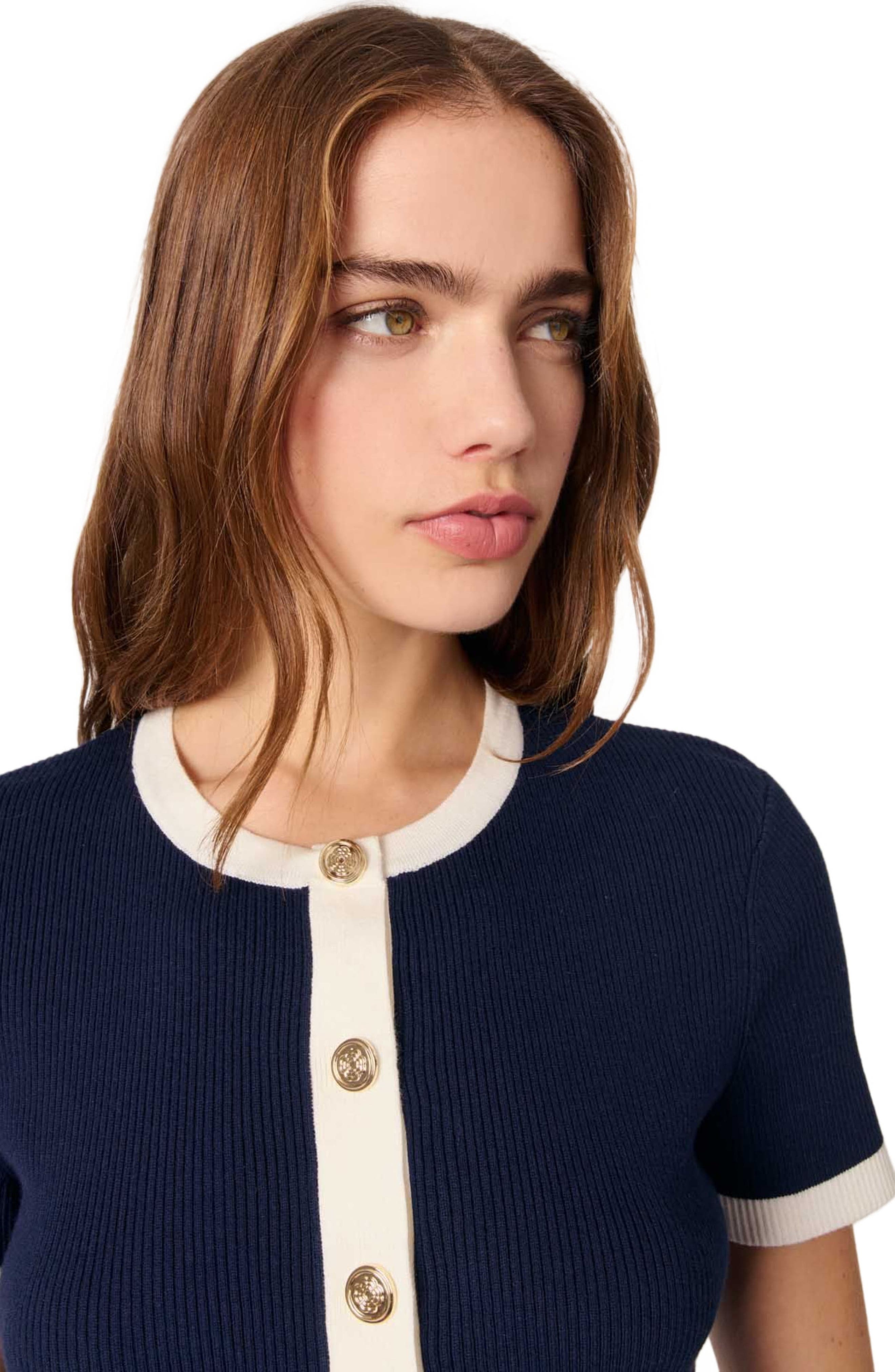 maje Cropped short sleeve cardigan in Navy /Ecru at Nordstrom - 7
