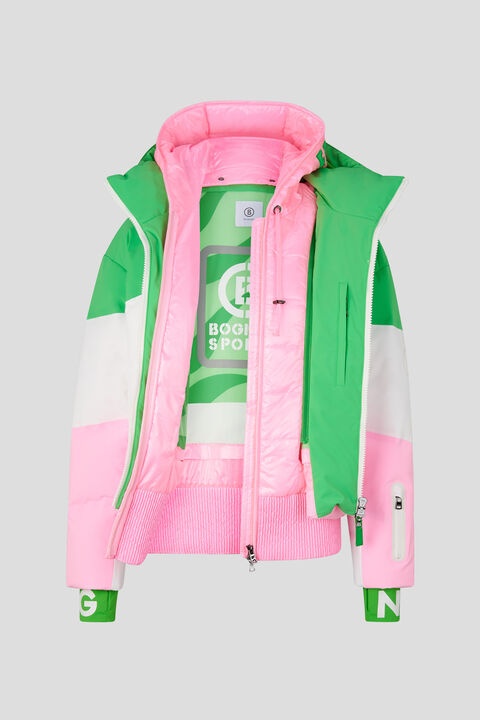 Vila down ski jacket in Green/White/Pink - 2