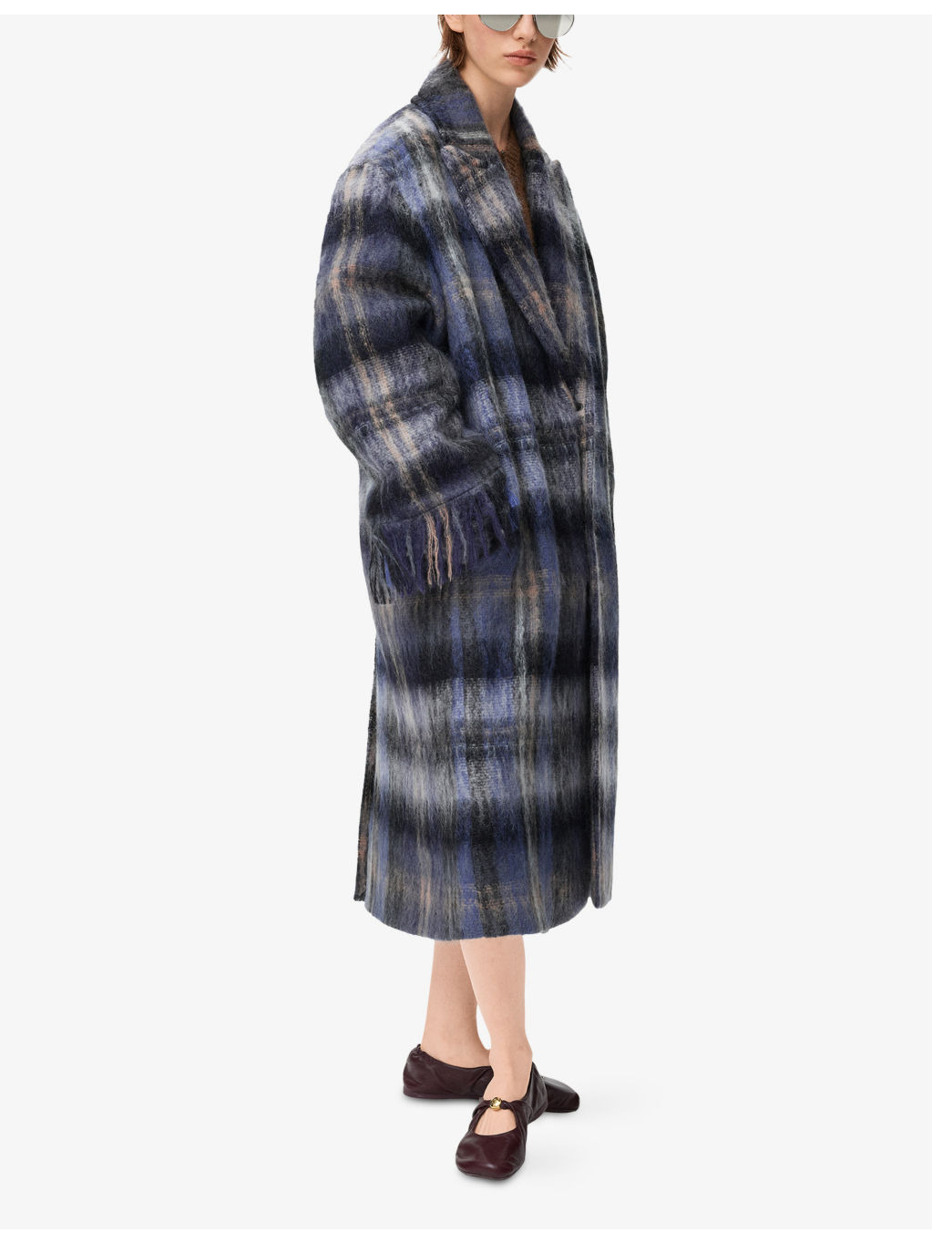 Check Brushed Mohair-Wool Long Coat - 3
