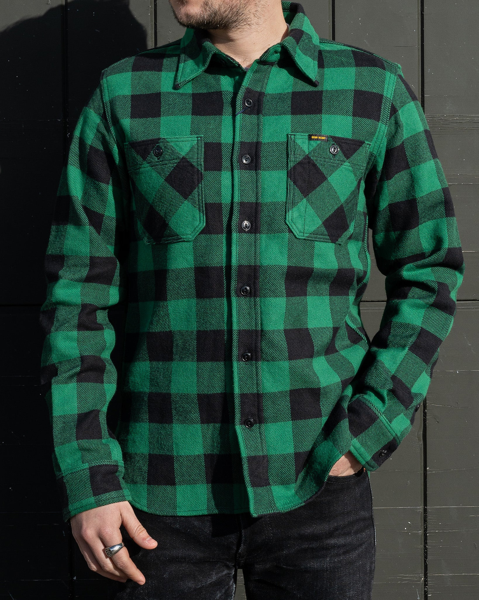 IHSH-244-GRN Ultra Heavy Flannel Buffalo Check Work Shirt - Green/Black - 4